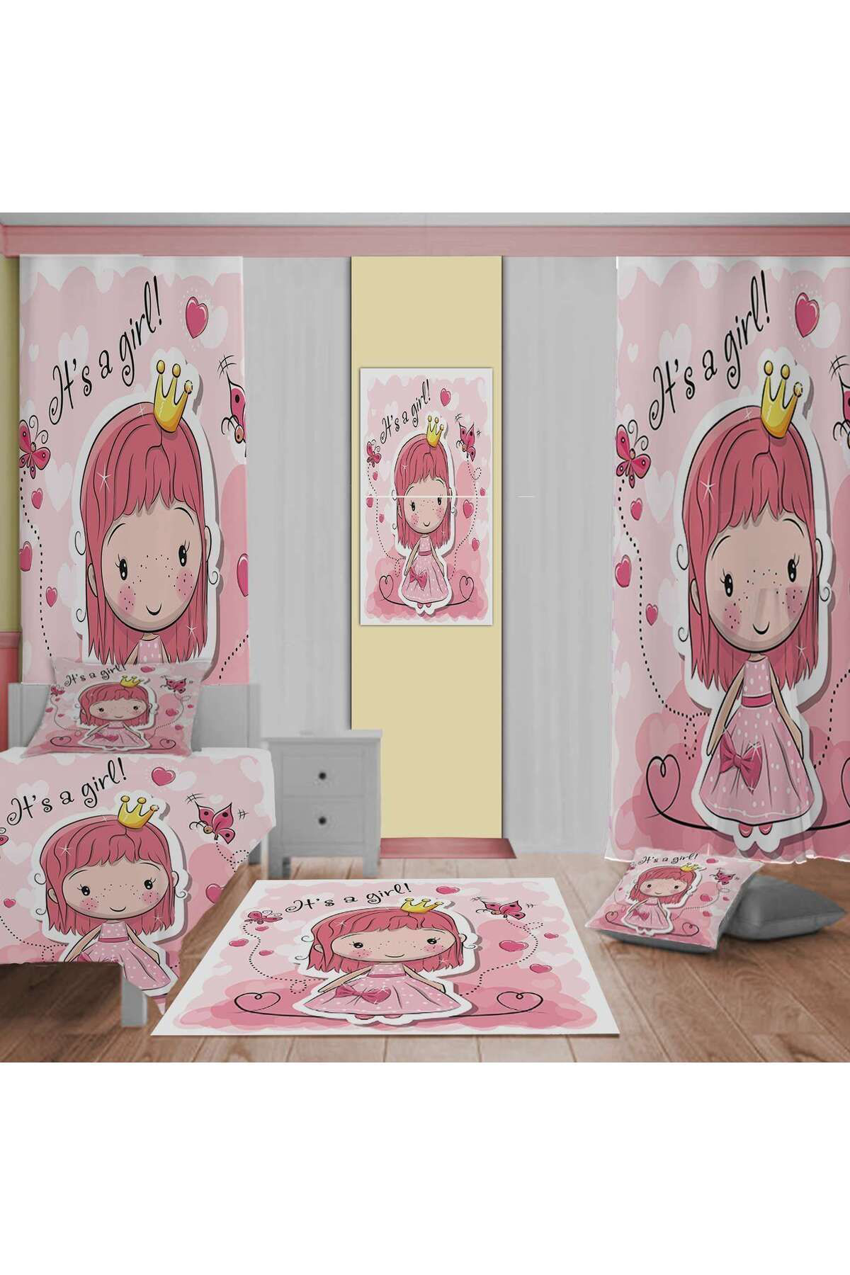 Evan Home İt's A Girl Desenli Çocuk Odası Takım Perde (İki Kanat),Yatak Örtüsü,Yastık,Kırlent ,Halı,Tablo