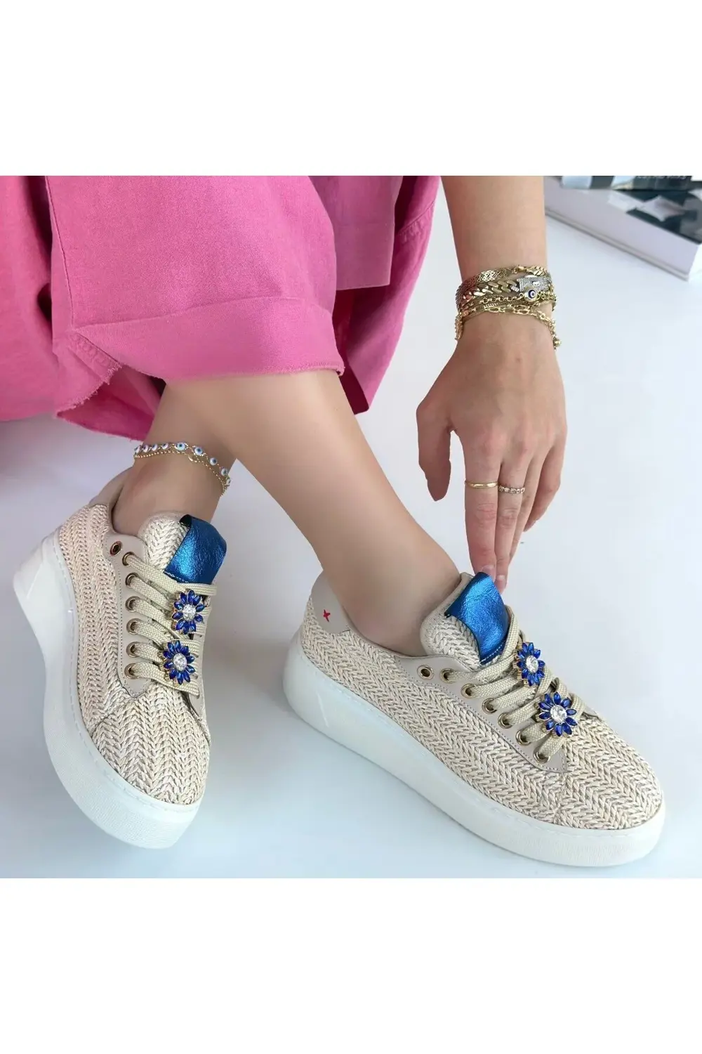 Iwer Bej Hasır Dokumalı Bağcıklı Spor Ayakkabı