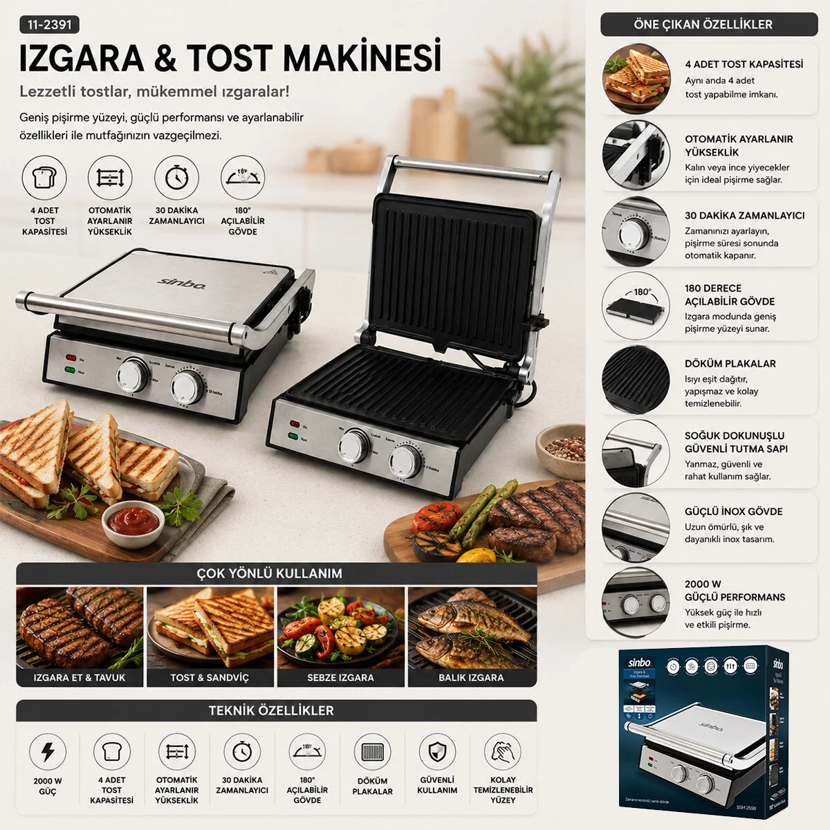 IZGARA VE TOST MAKİNESİ 4 DİLİM YAPIŞMAZ YÜZEY 2000W SSM-2598 (47