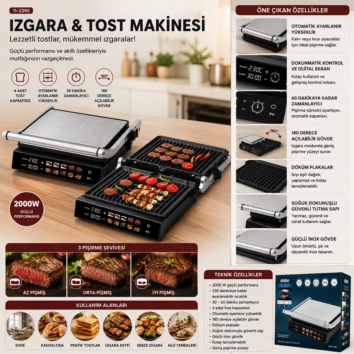 Izgara Ve Tost Makines İ 4 Dilim Yapışmaz Yüzey Dokunmatik Dijital Ekran - 2000w Ssm-2597 Bx40 Fiyatı, Yorumları ve Özellikleri