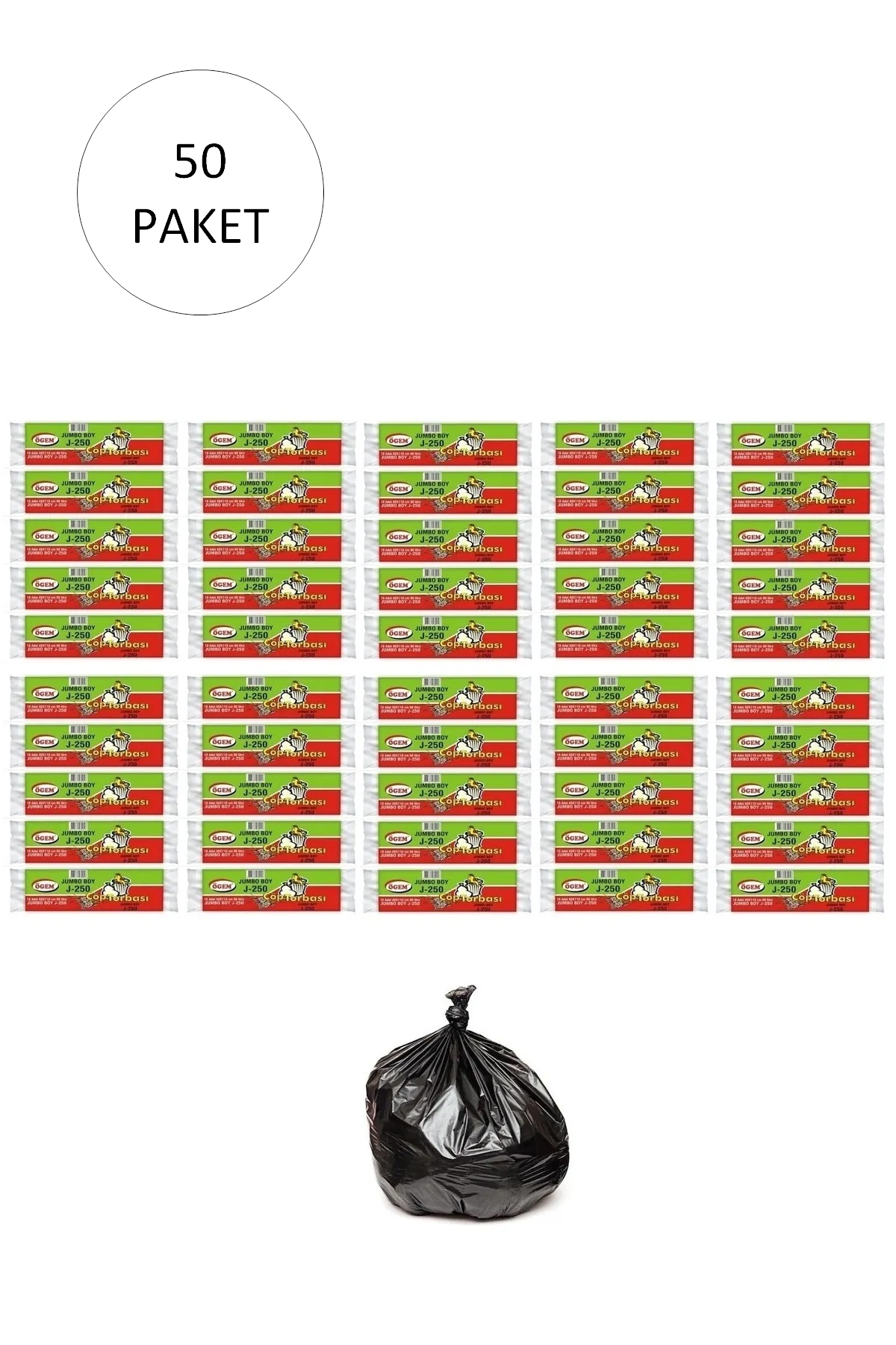 J-250 Jumbo Boy Çöp Torbası 80 x 110 cm 10 Lu Rulo x 50 Paket = 5