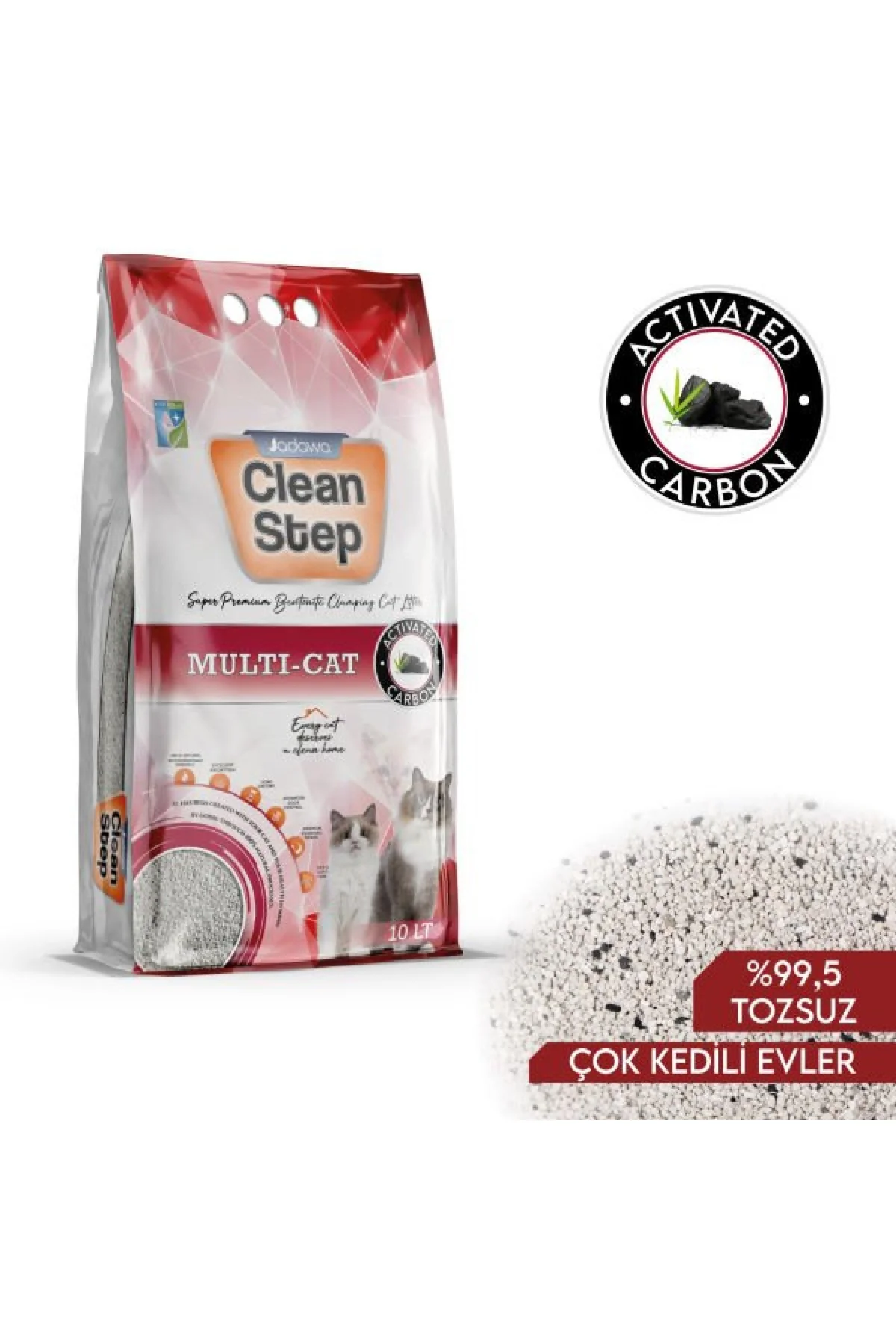 Jadawa Clean Step Multi-Cat Çoklu Kediler için Aktif Karbonlu Topaklanan Doğal Kedi Kumu İnce 10 Lt