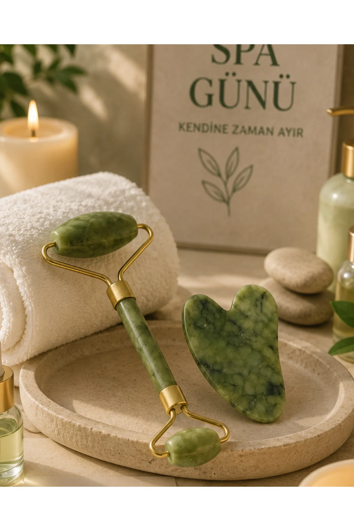 Jade Stone Yüz Bakım Seti Gua Sha ve Roller Masaj Taşı
