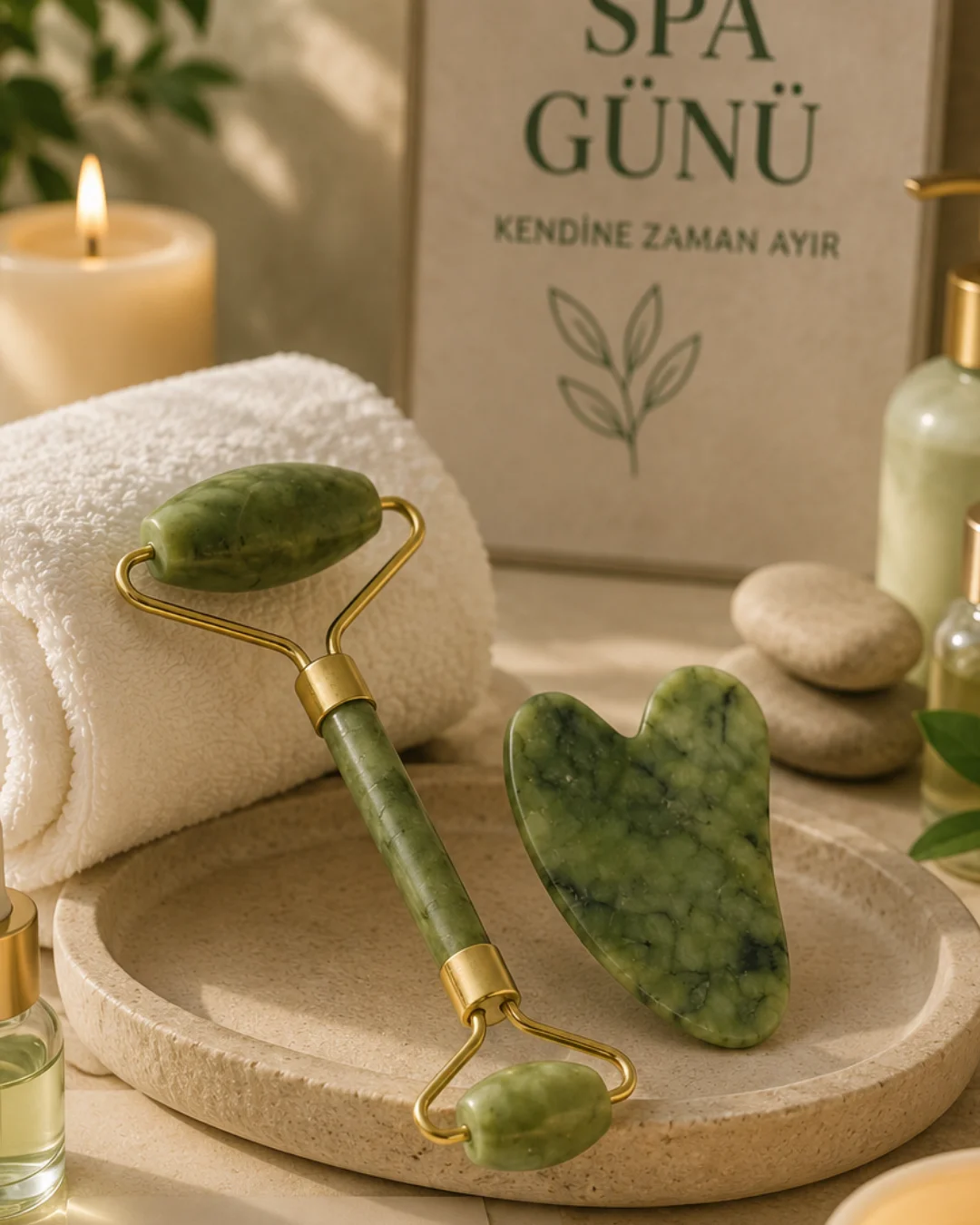 Jade Stone Yüz Bakım Seti Gua Sha ve Roller Masaj Taşı Jade Stone Yüz Bakım Seti Gua Sha ve Roller Masaj Taşı