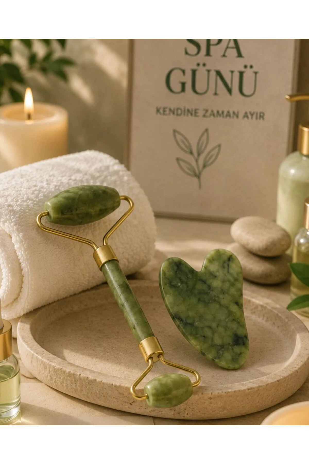 Jade Stone Yüz Bakım Seti Gua Sha Ve Roller Masaj Taşı