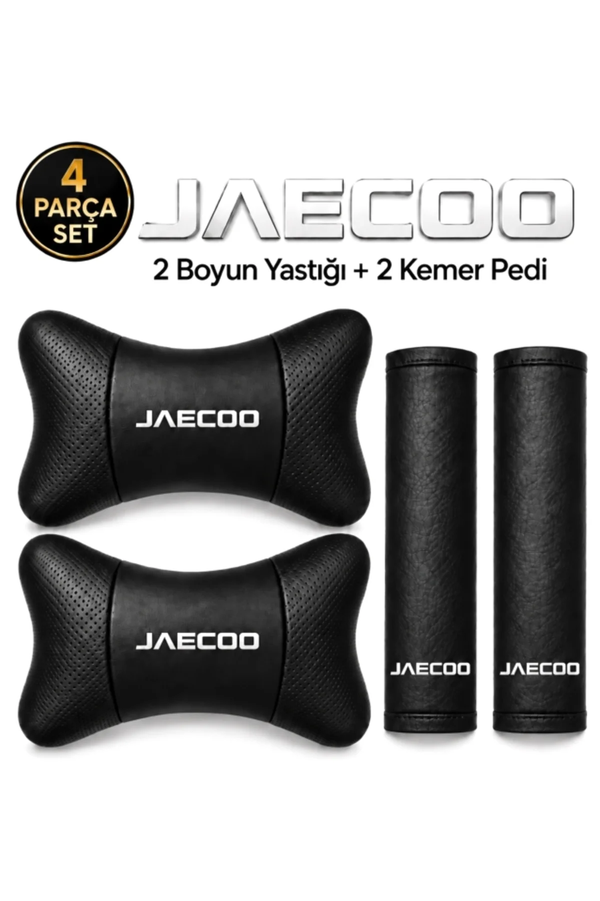 JAECOO 4 Parça Oto Konfor Seti 2 Boyun Yastığı + 2 Kemer Pedi Siyah Suni Deri Beyaz Nakışlı JAECOO 4 Parça Oto Konfor Seti 2 Boyun Yastığı + 2 Kemer Pedi Siyah Suni Deri Beyaz Nakışlı
