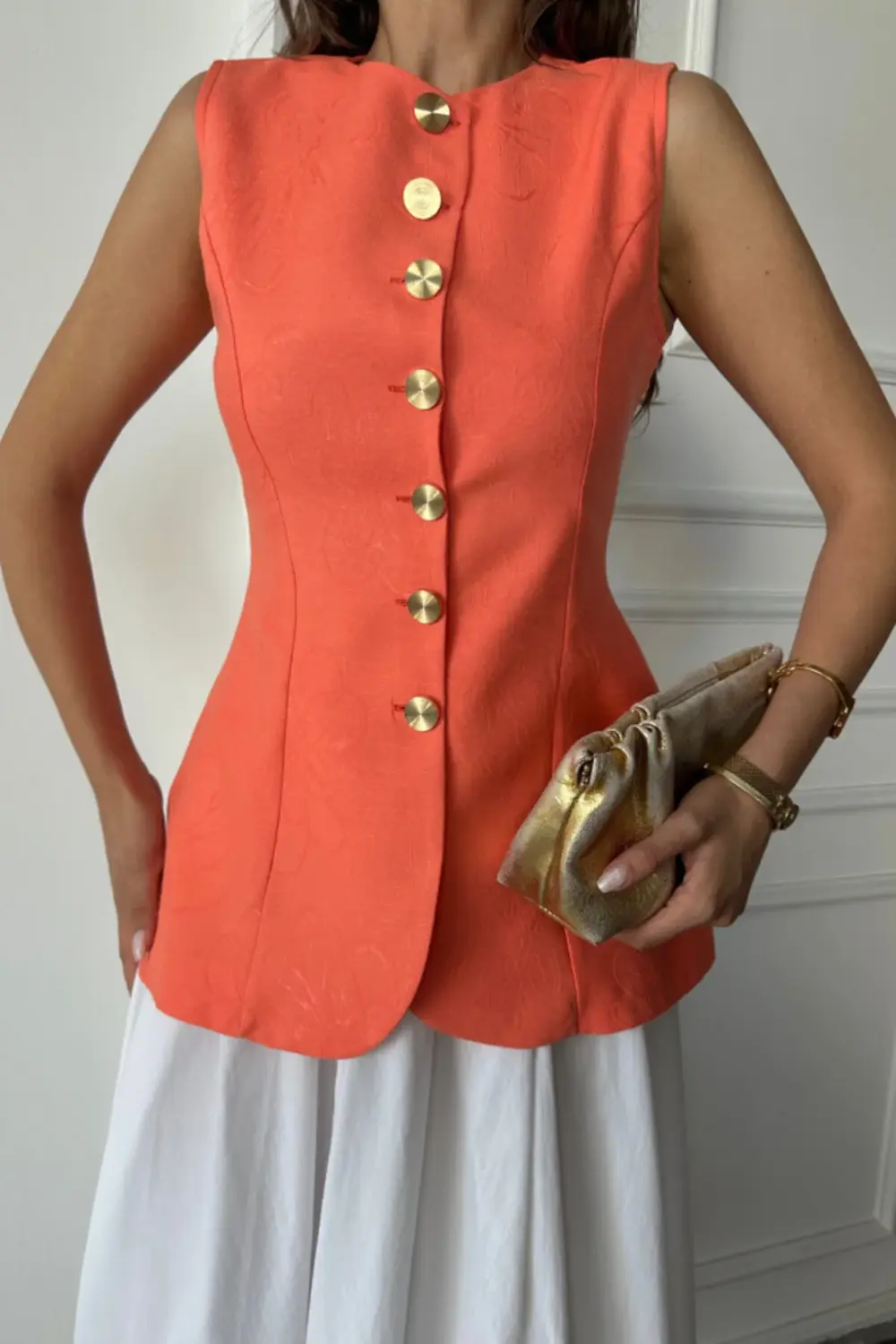 JAKAR KETEN YELEK BELDEN OTURTMALI GOLD DÜĞMELİ - Orange