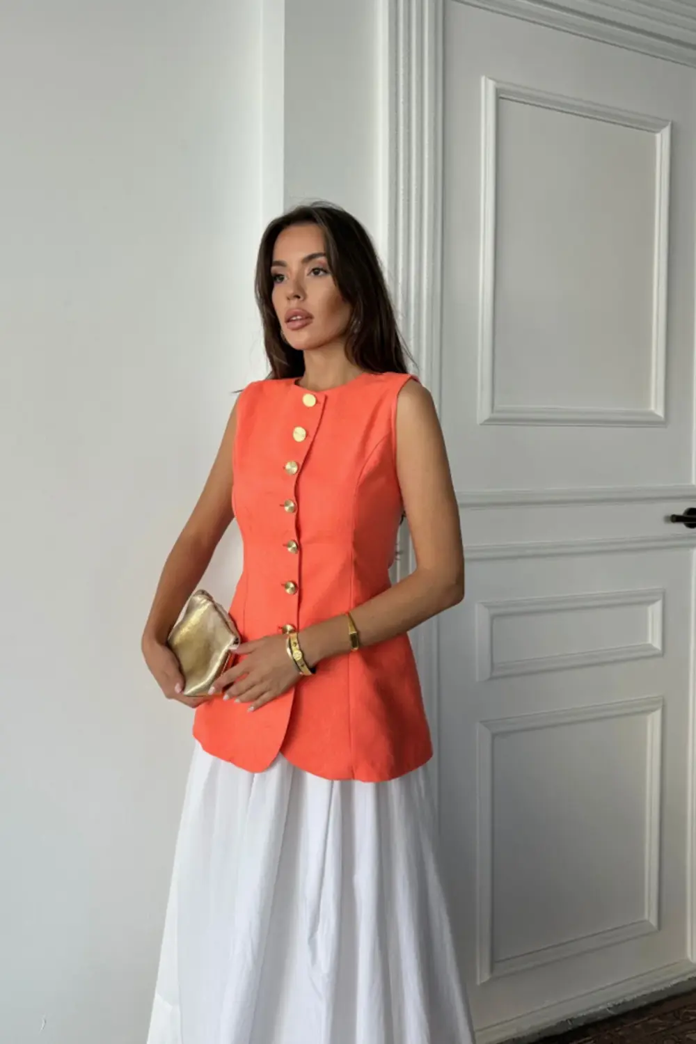 JAKAR KETEN YELEK BELDEN OTURTMALI GOLD DÜĞMELİ - Orange