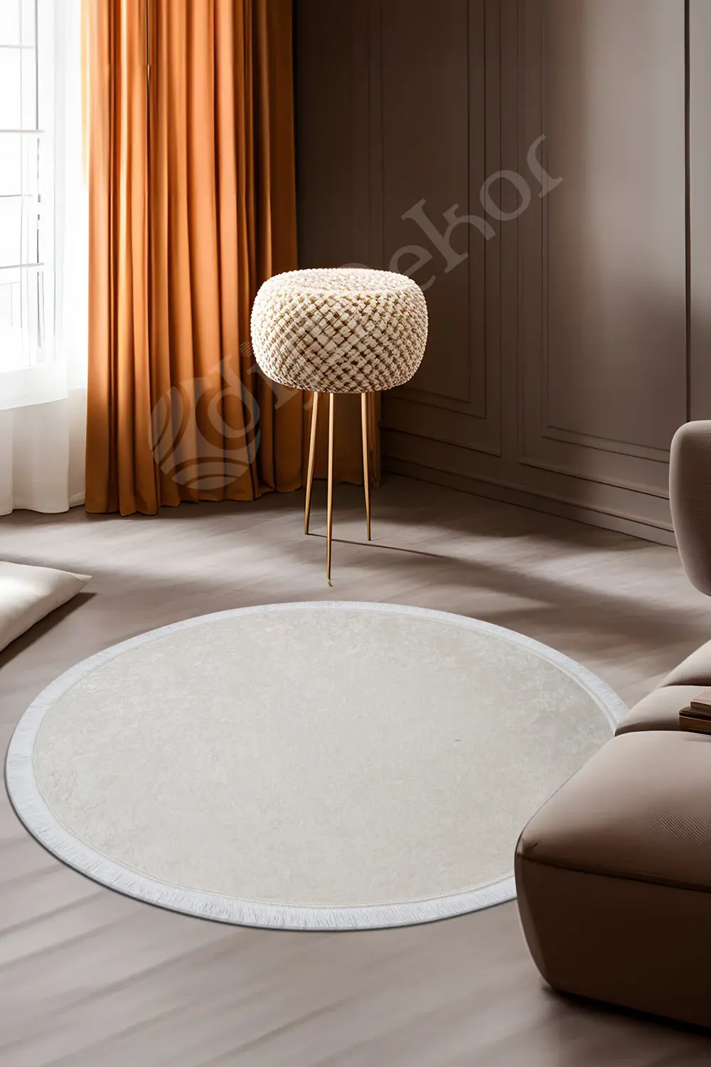 Janjanlı Yuvarlak Halı Açık Krem Banyo Halısı Saçaklı 80x80