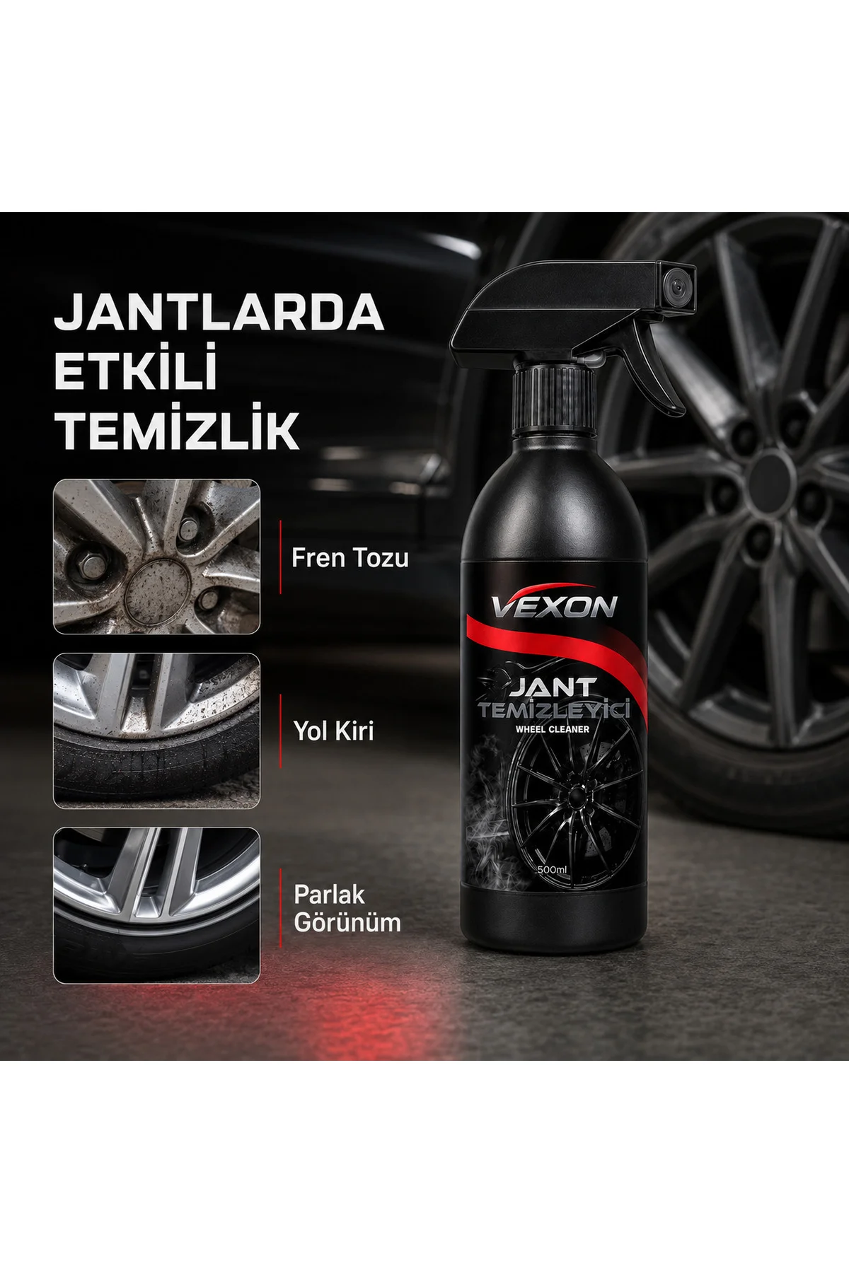 Jant ve Lastik Bakım Seti 3’lü – Jant Temizleyici, Demir Tozu Temizleyici ve Lastik Parlatıcı 500 ml