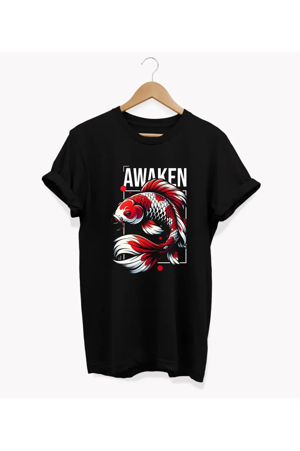 , Japon Balığı Baskılı, %100 Pamuk, Bisiklet Yaka, Oversize T-shi