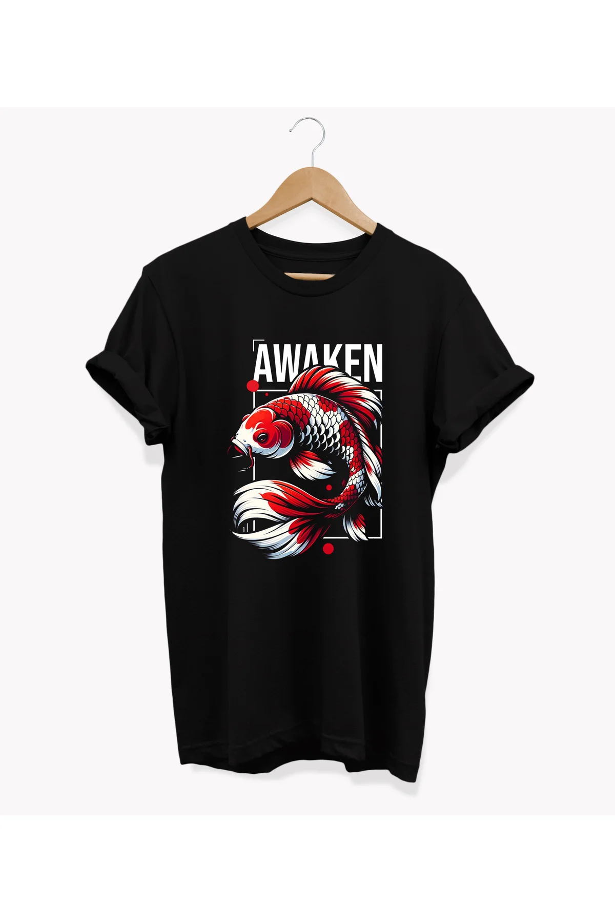 , Japon Balığı Baskılı, %100 Pamuk, Bisiklet Yaka, Oversize T-shi