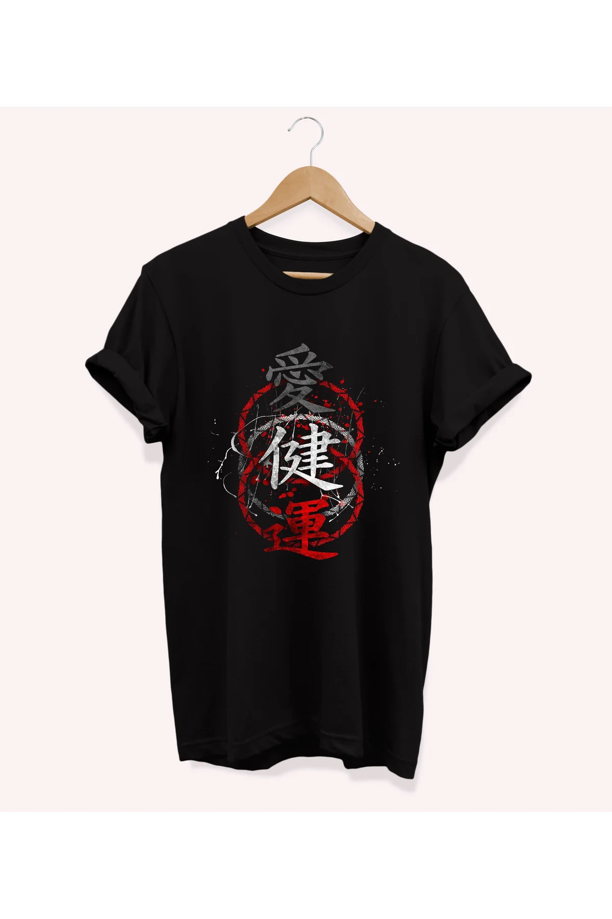 , Japon Yazıları Baskılı, %100 Pamuk, Bisiklet Yaka, Basic T-shir