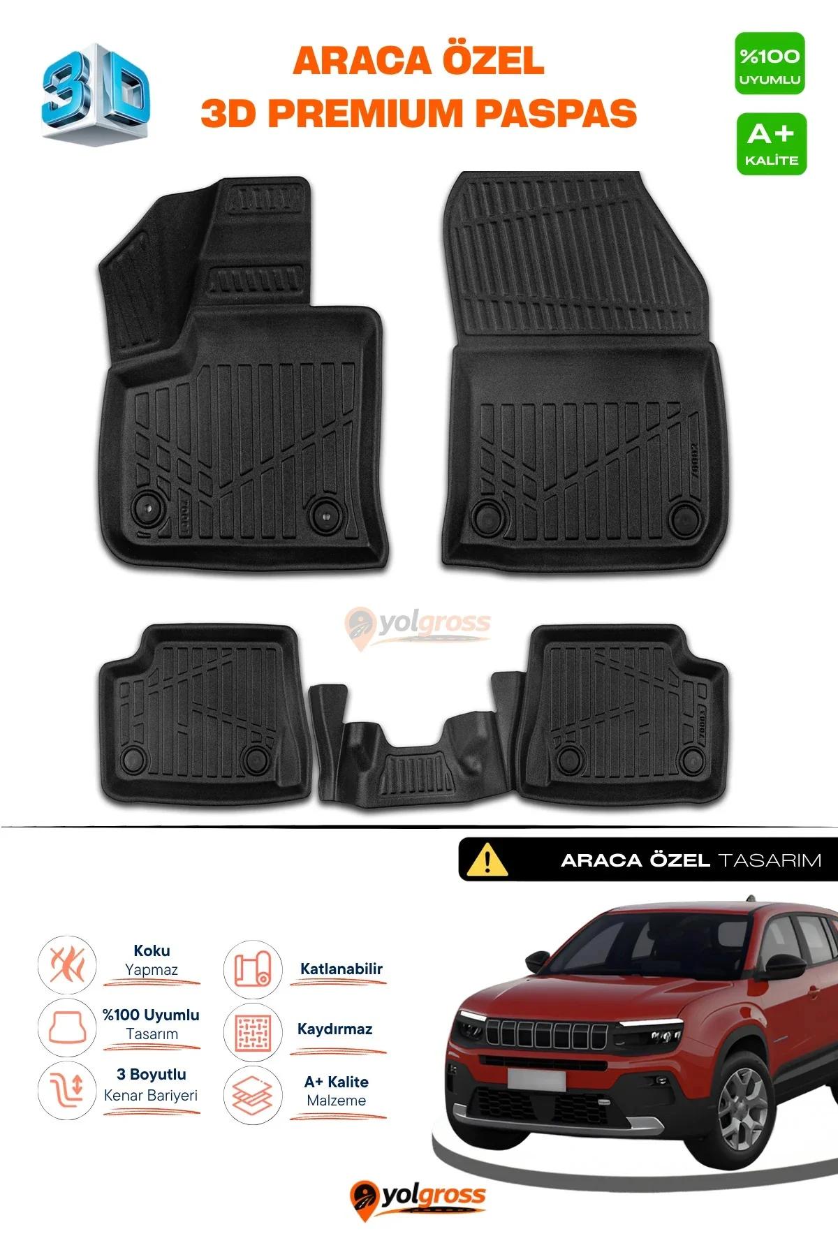 Jeep Avenger Elektrikli 3D Pro Havuzlu Paspas 2023 Üzeri A+ Kalite