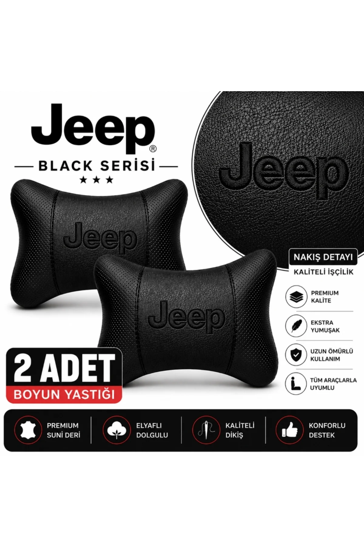 Jeep Black Serisi 2 Adet Araç Boyun Yastığı Siyah Premium Suni Deri Elyaf Dolgulu Oto Boyun Desteği Jeep Black Serisi 2 Adet Araç Boyun Yastığı Siyah Premium Suni Deri Elyaf Dolgulu Oto Boyun Desteği