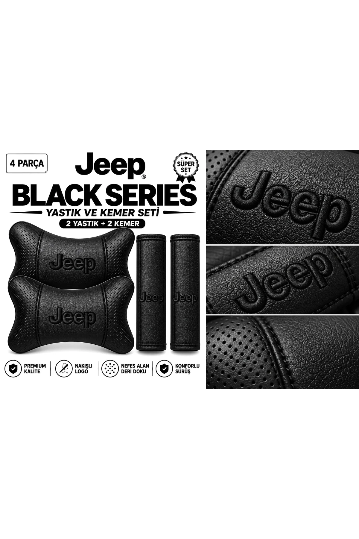 Jeep Black Serisi 4 Parça Oto Boyun Yastığı ve Emniyet Kemer Pedi Seti – 2 Yastık + 2 Kemer Pedi, Siyah Nakışlı Jeep Black Serisi 4 Parça Oto Boyun Yastığı ve Emniyet Kemer Pedi Seti – 2 Yastık + 2 Kemer Pedi, Siyah Nakışlı - Görsel 2