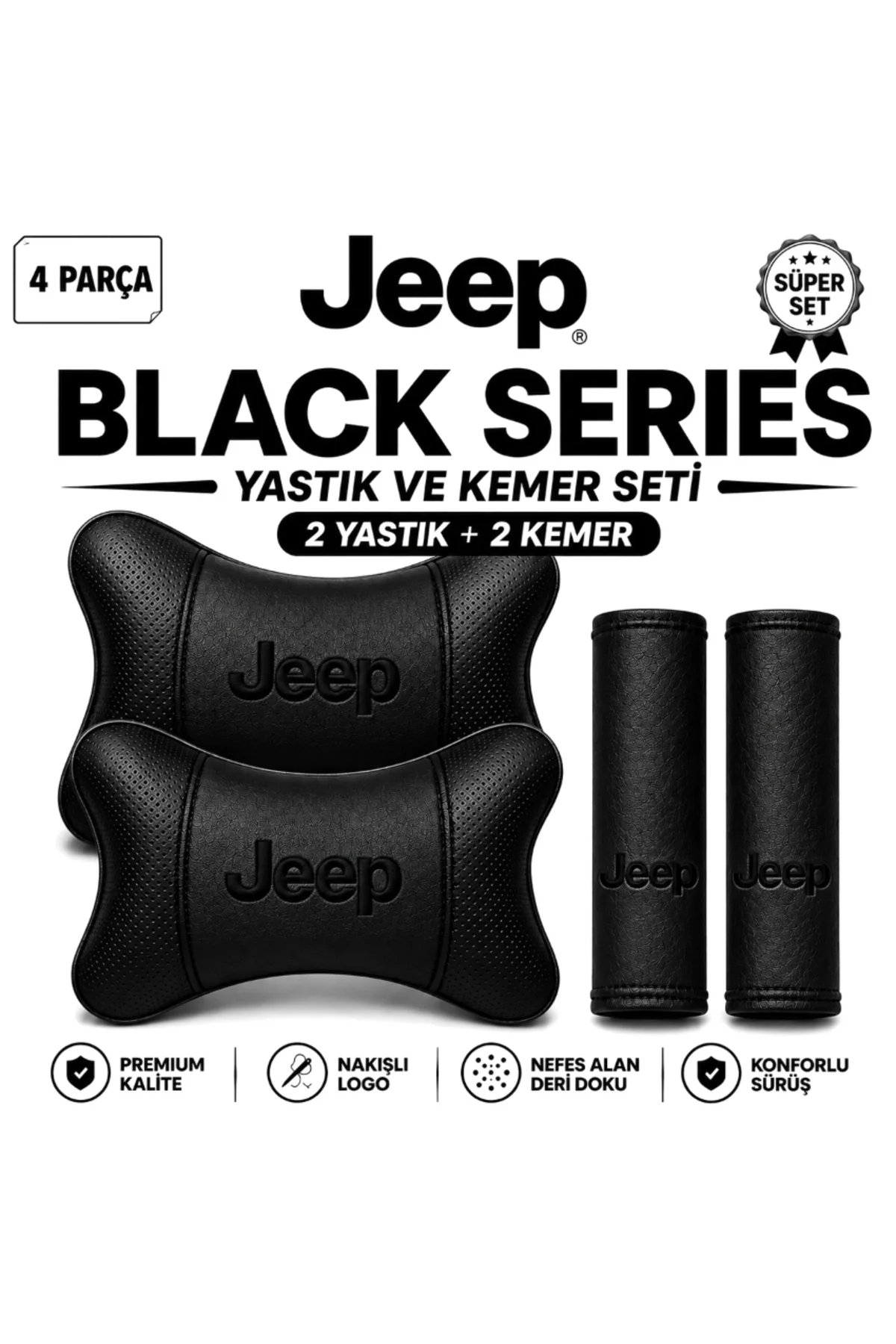 Jeep Black Serisi 4 Parça Oto Boyun Yastığı ve Emniyet Kemer Pedi Seti – 2 Yastık + 2 Kemer Pedi, Siyah Nakışlı Jeep Black Serisi 4 Parça Oto Boyun Yastığı ve Emniyet Kemer Pedi Seti – 2 Yastık + 2 Kemer Pedi, Siyah Nakışlı