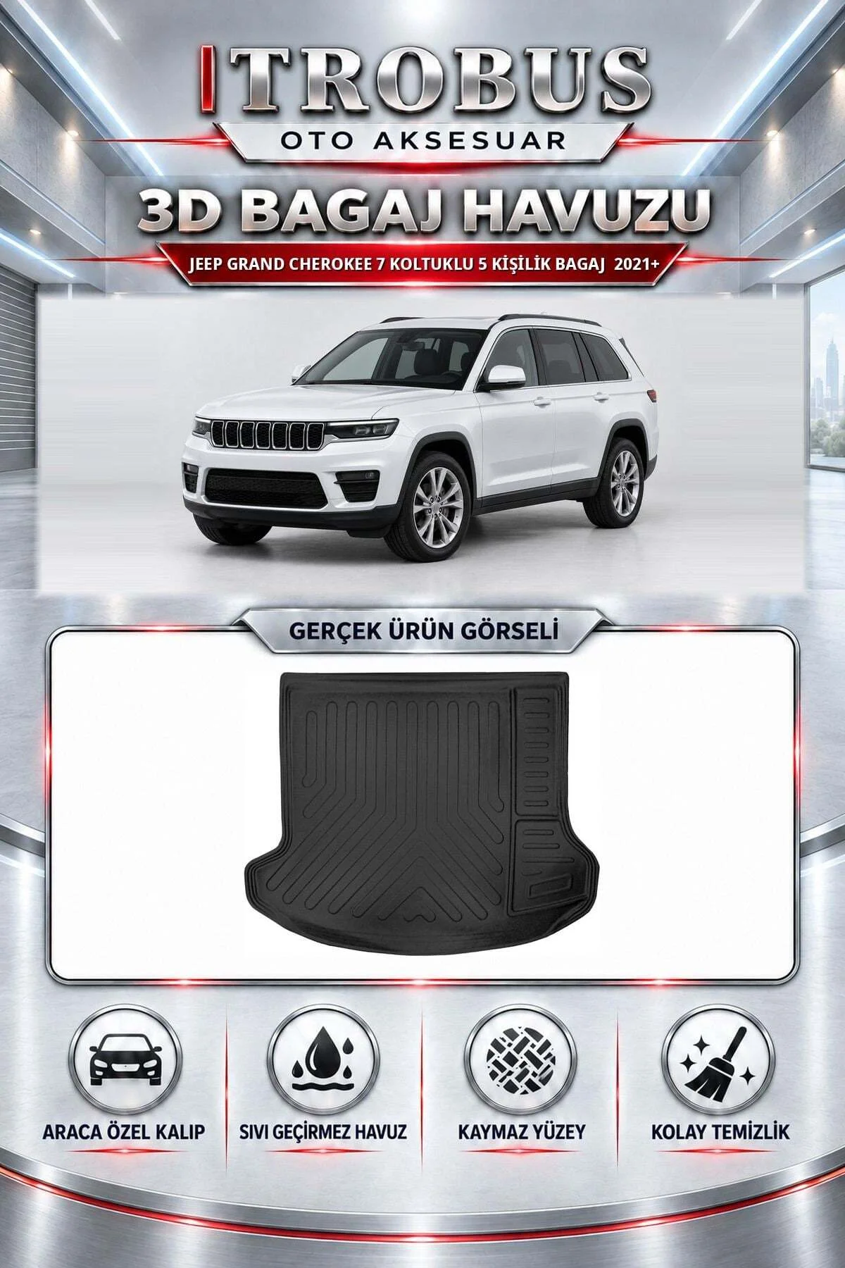 Jeep Grand Cherokee 2021 Sonrası 7 Koltuklu 5 Kişilik Bagaj Araca Özel 3D Bagaj Havuzu Jeep Grand Cherokee 2021 Sonrası 7 Koltuklu 5 Kişilik Bagaj Araca Özel 3D Bagaj Havuzu