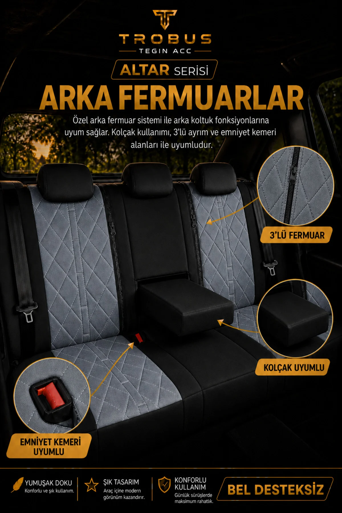 Jeep Renegade 2014+ Uyumlu Altar Serisi Tay Tüyü Füme Siyah Premium Koltuk Kılıfı