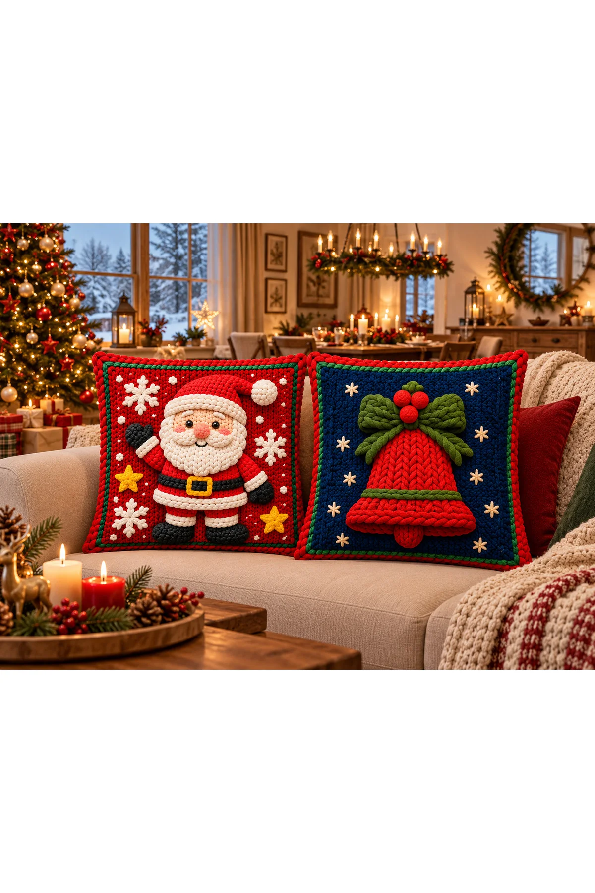 Jingle Bells Yılbaşı Noel Baba ve Çan Desenli 3D Örgü Görünümlü Dekoratif 2’li Kırlent Kılıfı Seti