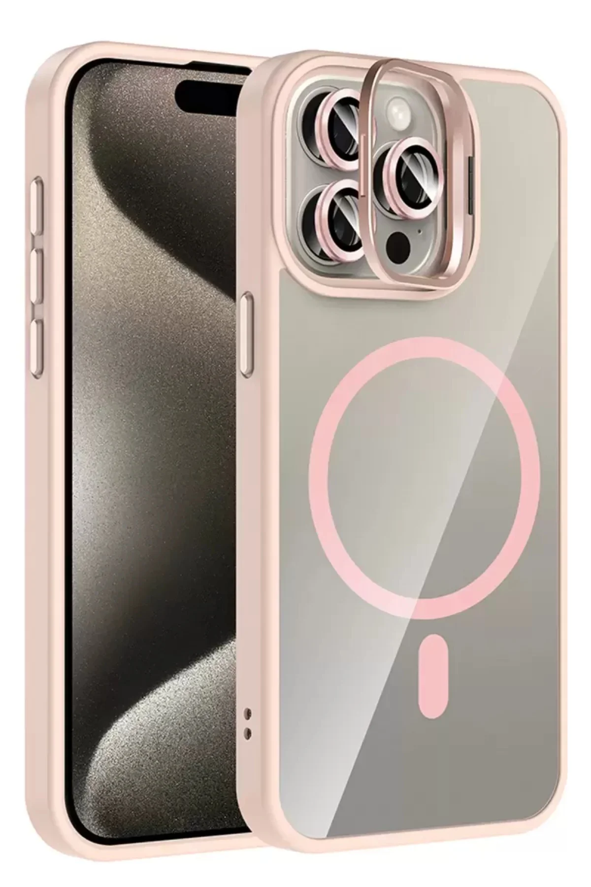 Joko Apple İphone 15 Pro Max Remim Lensli Magsafe Standlı Kapak - Pembe
