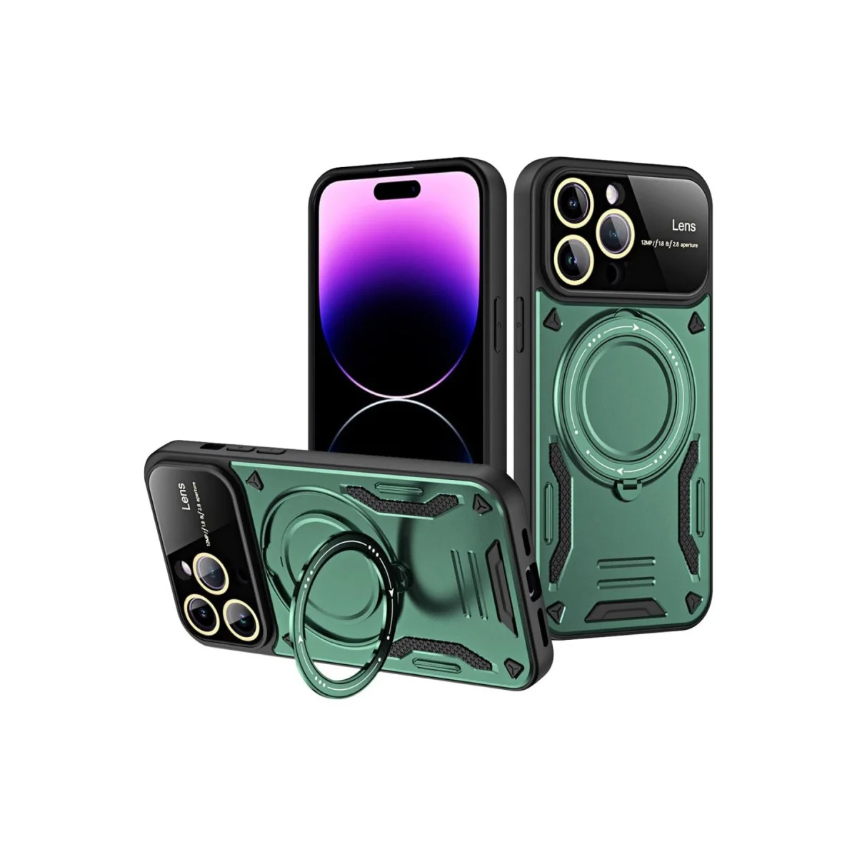 Joy Lens Standlı Kılıf - iPhone 16 Pro Max Koyu Yeşil 360° Döner Halka ve Askeri Darbe Koruması
