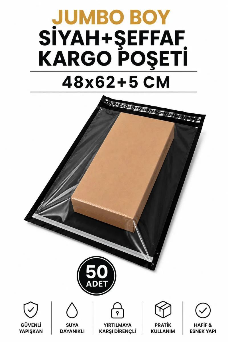 Jumbo Boy Siyah Şeffaf Kargo Poşeti 48x62+5 Cm 50 Adet – E-Ticaret Paketleme Çözümü Fiyatı, Yorumları ve Özellikleri