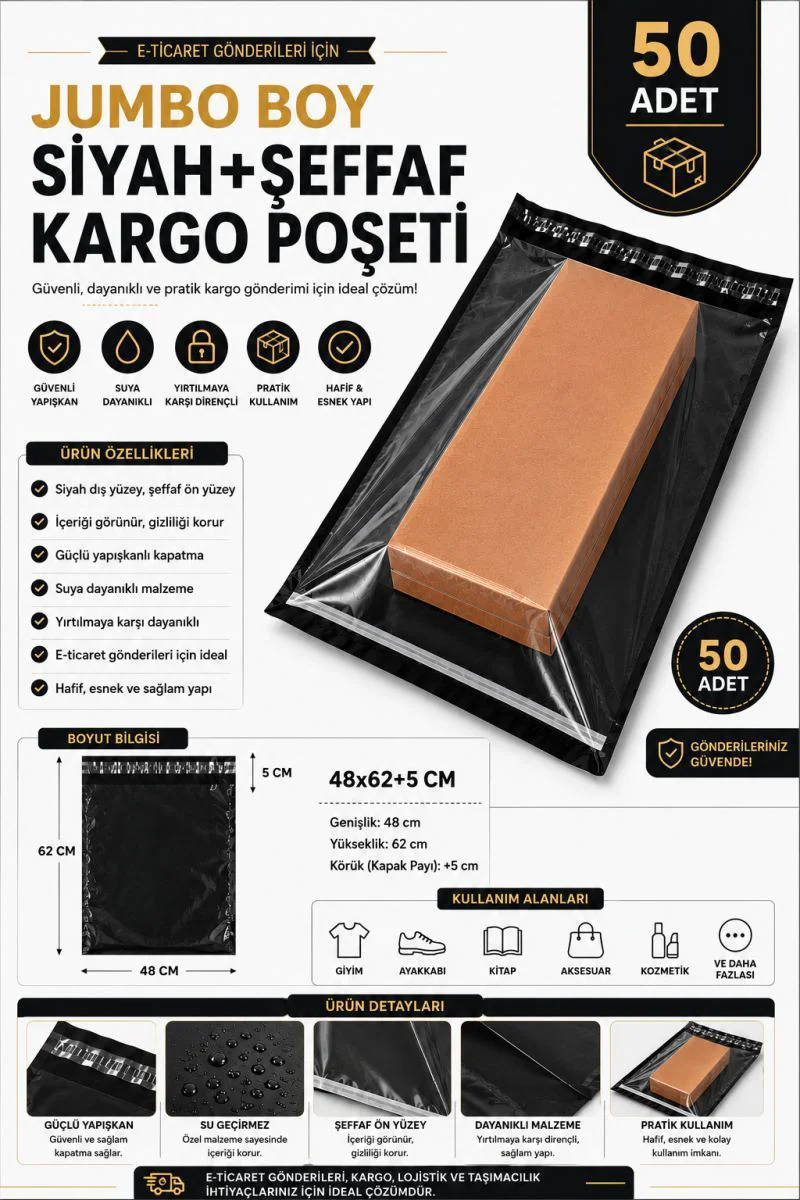 Jumbo Boy Siyah Şeffaf Kargo Poşeti 48x62+5 Cm 50 Adet – E-Ticaret Paketleme Çözümü Fiyatı, Yorumları ve Özellikleri