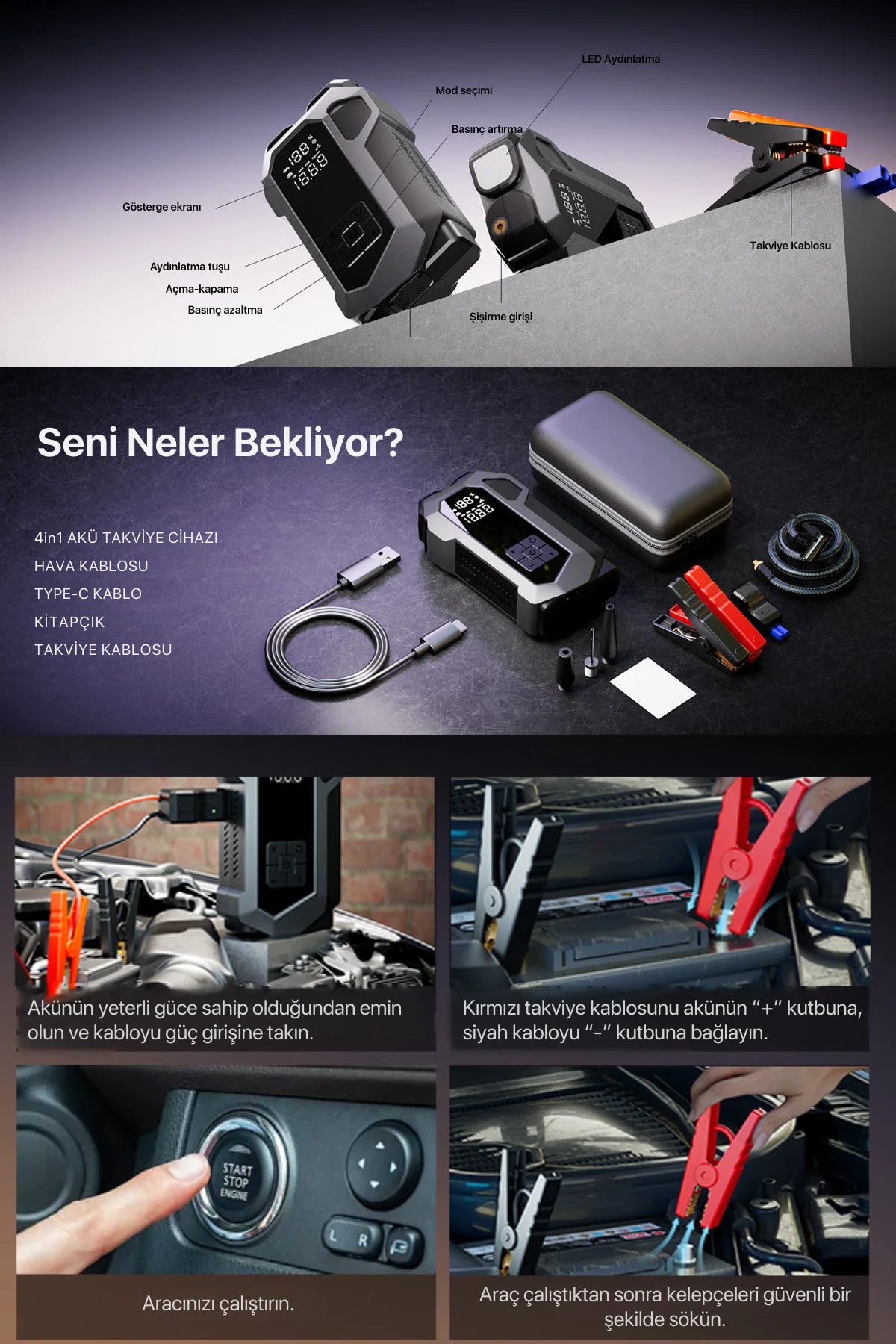 Jump Starter 4in1 16000mAh - Taşınabilir Araba Başlatma Cihazı