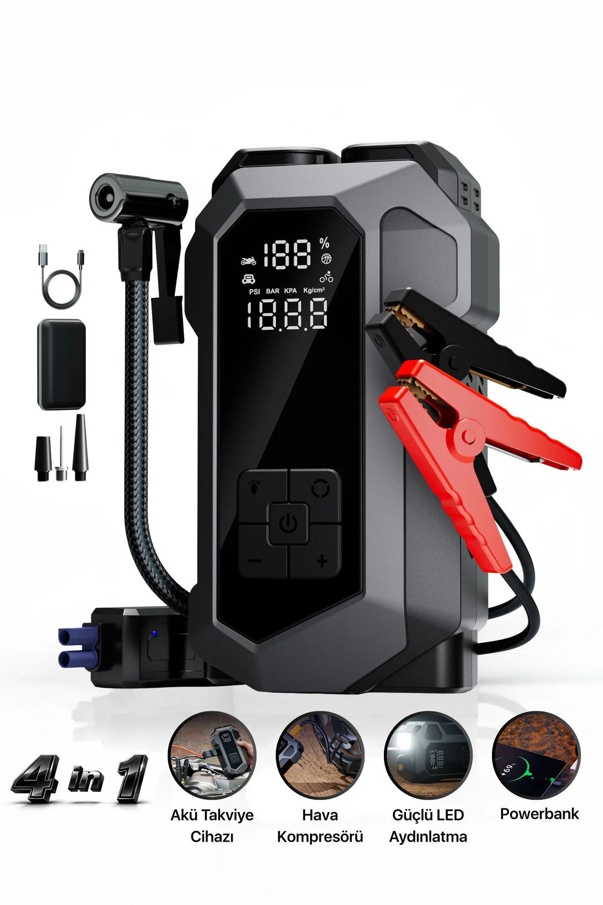 Jump Starter 4in1 16000mAh - Taşınabilir Araba Başlatma Cihazı