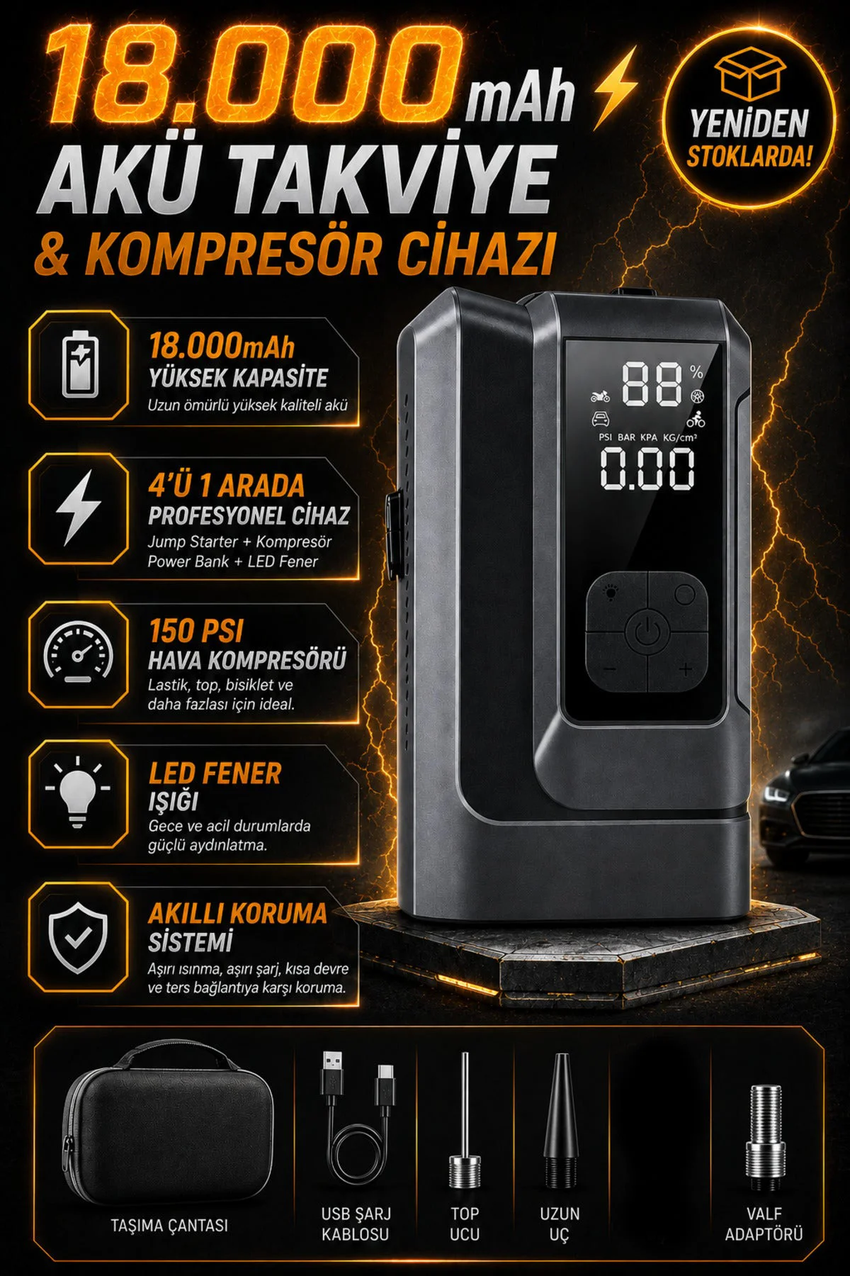 Jump Starter 4in1 18000mAh - Taşınabilir Araç Başlatma Cihazı