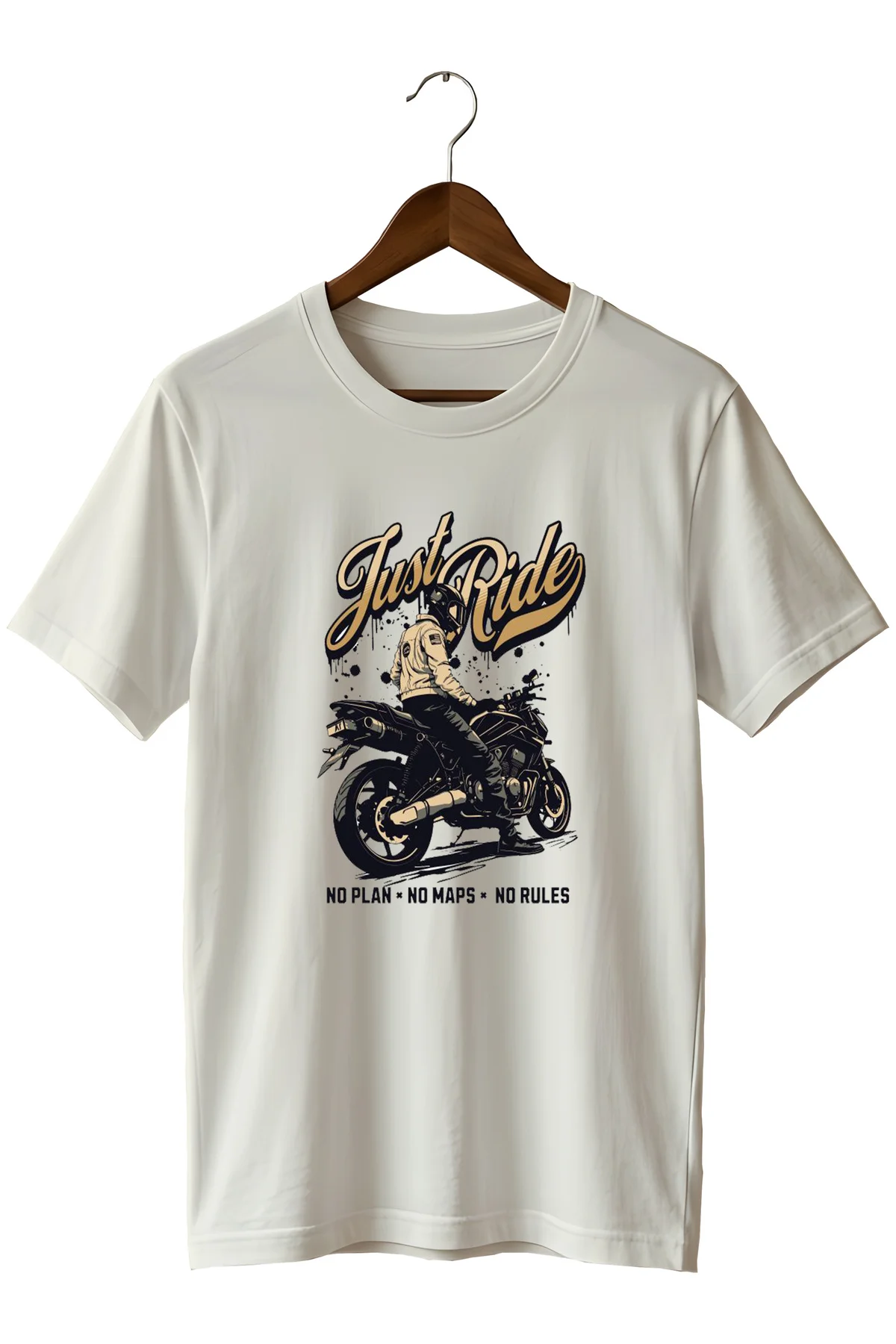 Just Ride Motorcu Baskılı Unisex Tişört – Motosiklet Temalı Bisiklet Yaka Regular Fit