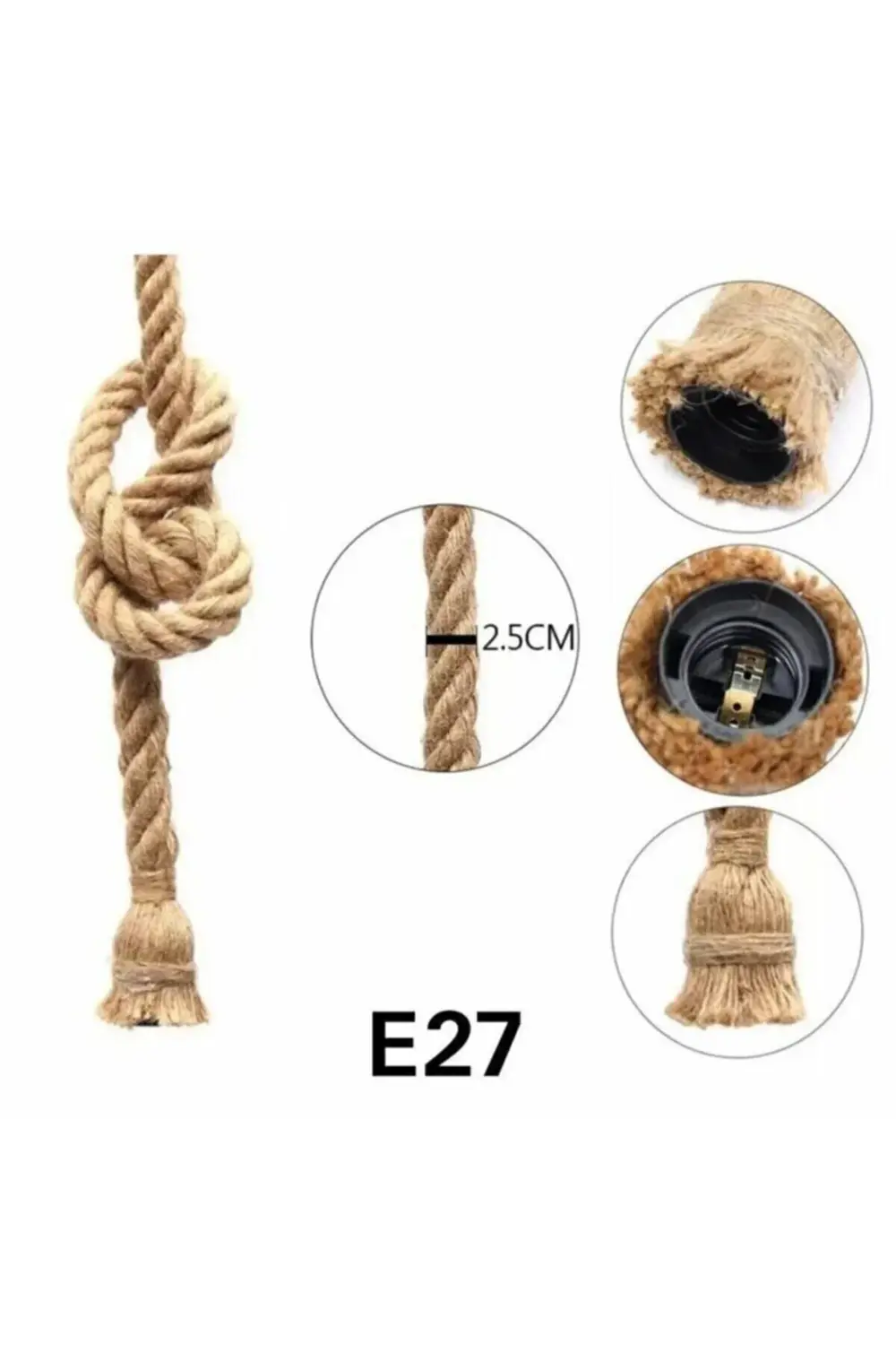 Jüt Halat Sarkıt Duy (1 Metre) Edison Rustik Ampul Için (1 Adet)