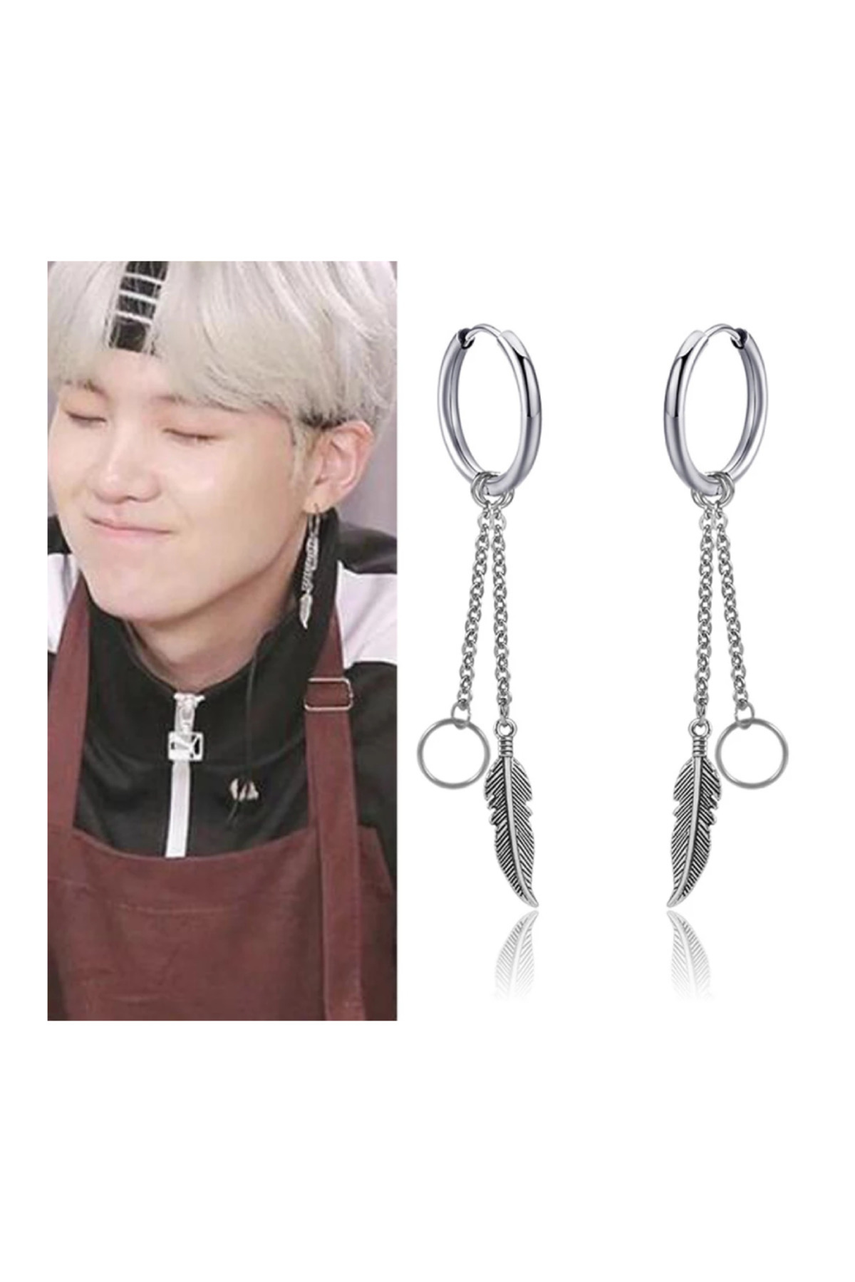K-Pop Halka Detaylı Metal Tüylü Tek Küpe