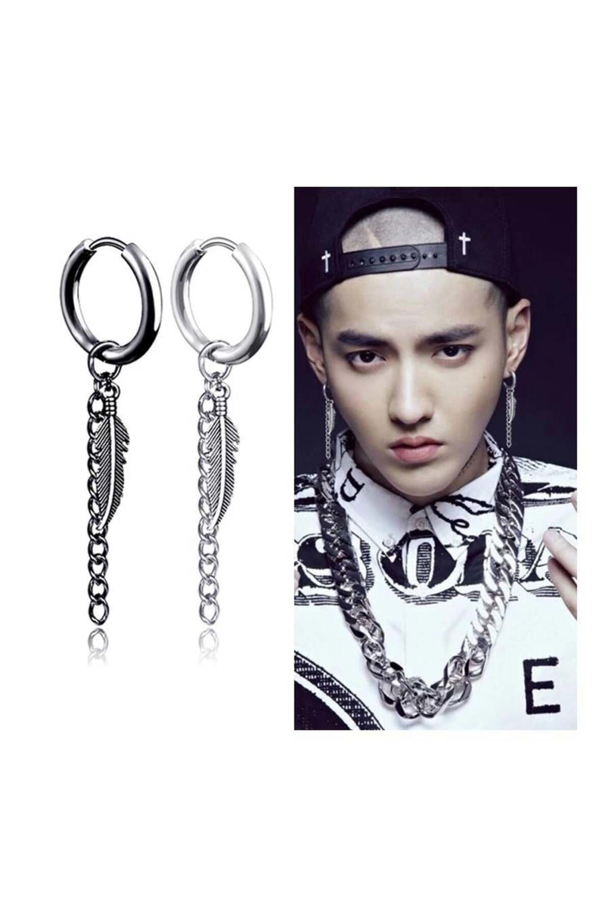 K-Pop Zincirli Metal Tüylü Tek Küpe