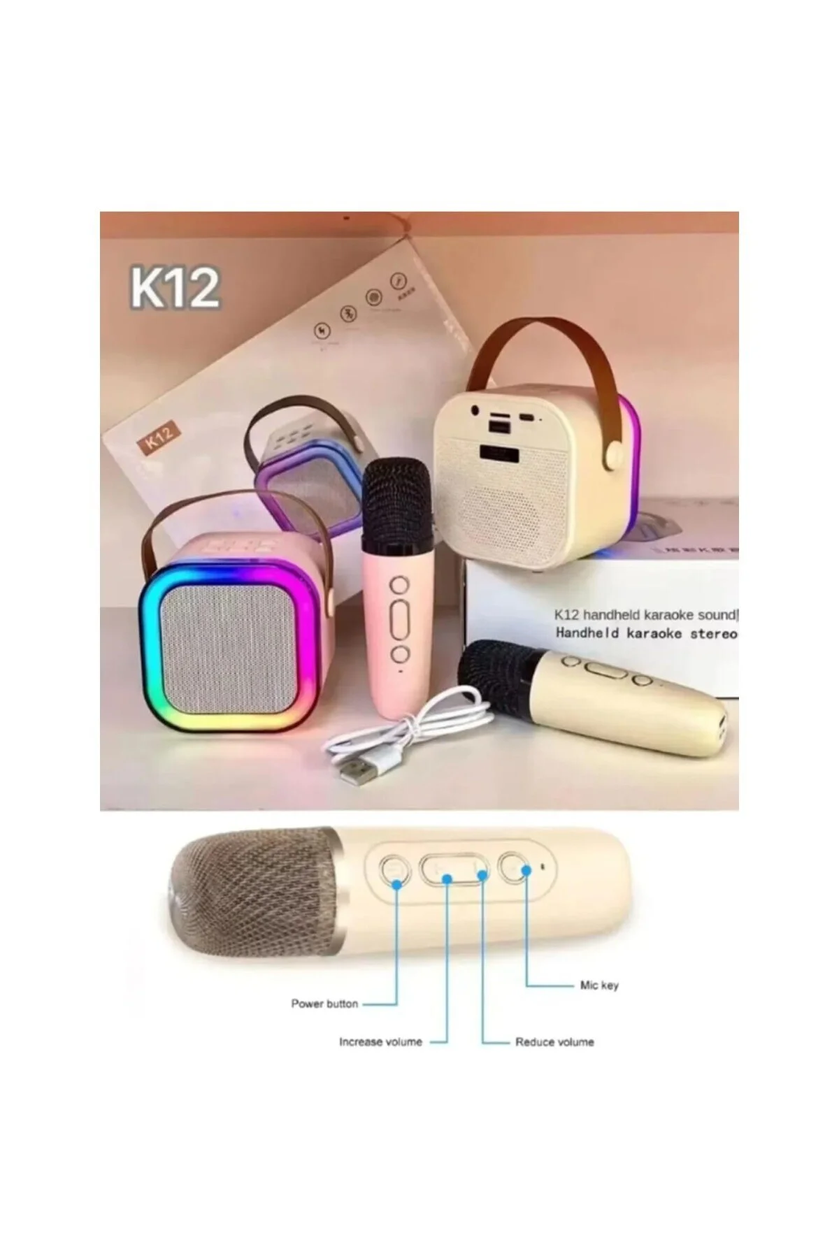 K12 Kablosuz Bluetooth Hoparlör Karaoke Mikrofon 5 Ses Efektli Rgb Hd Stereo Ses Usb/Sd/FM