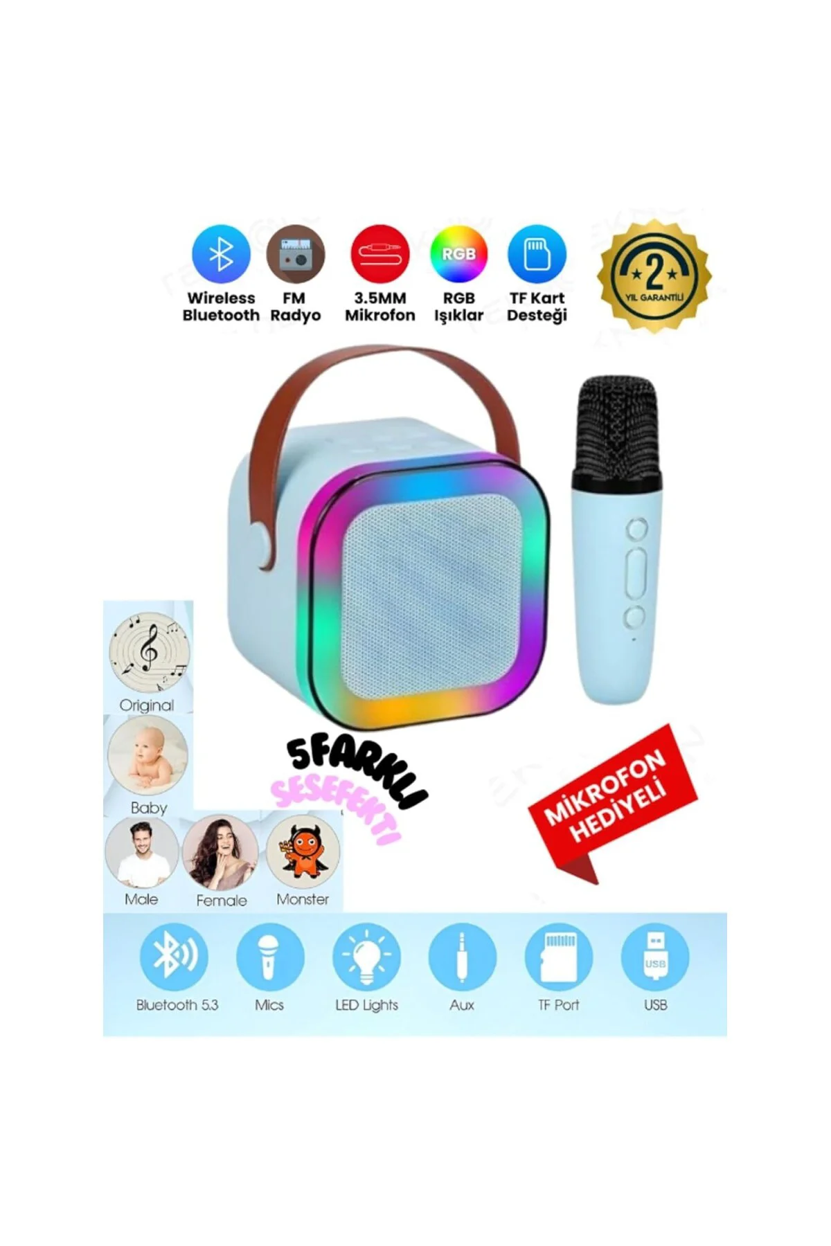 K12 Kablosuz Bluetooth Hoparlör Karaoke Mikrofon 5 Ses Efektli Rgb Hd Stereo Ses Usb/Sd/FM