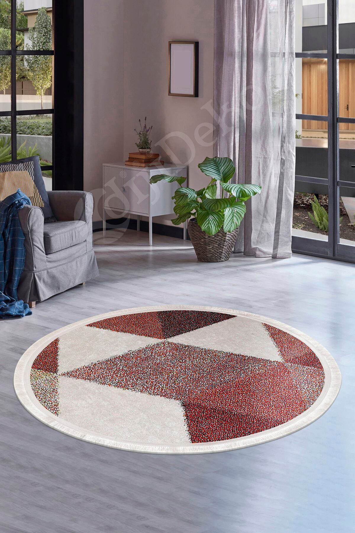 K1270 Multi Saçaklı Dijital Yuvarlak Halı Kaymaz Yıkanabilir Banyo Halısı 110X110