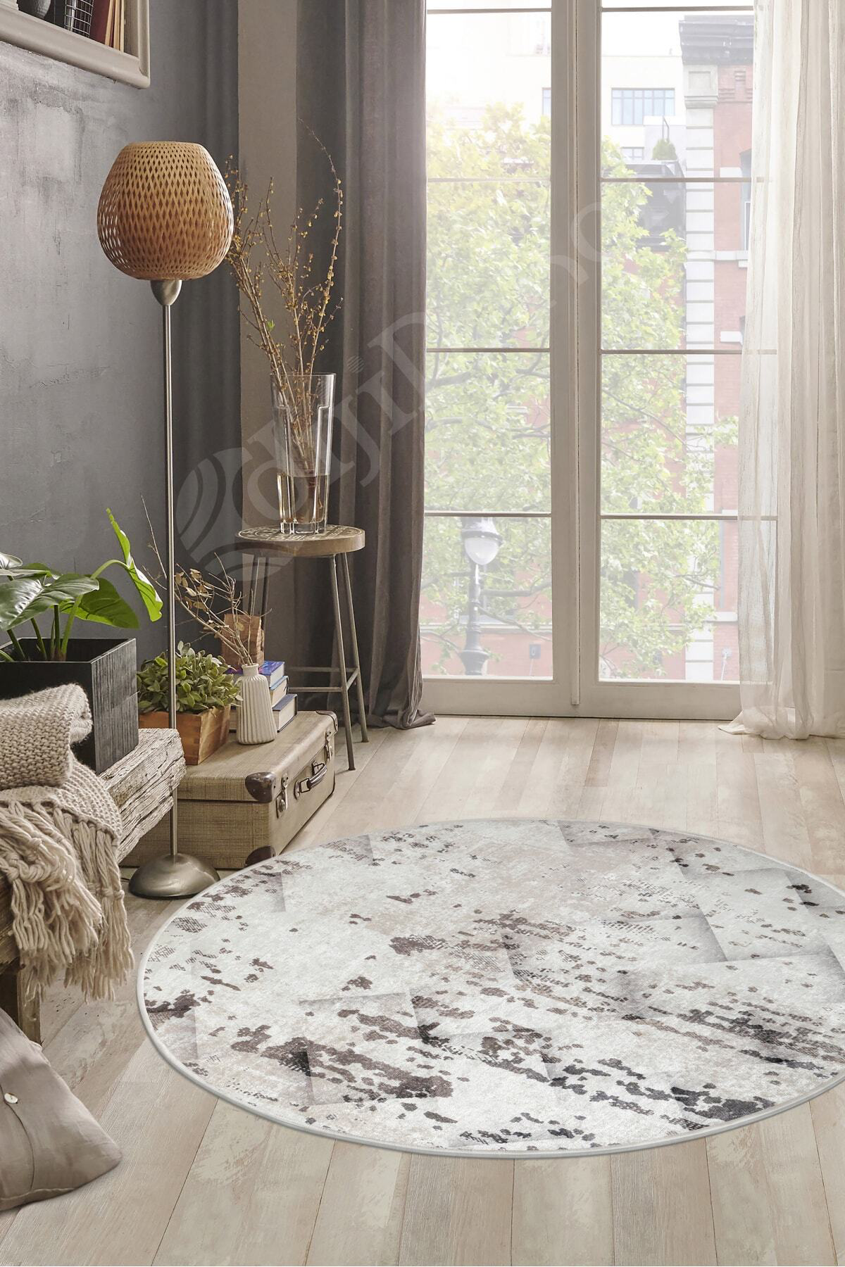 K1280 Bej Saçaksız Dijital Yuvarlak Halı Yıkanabilir Banyo Paspas
