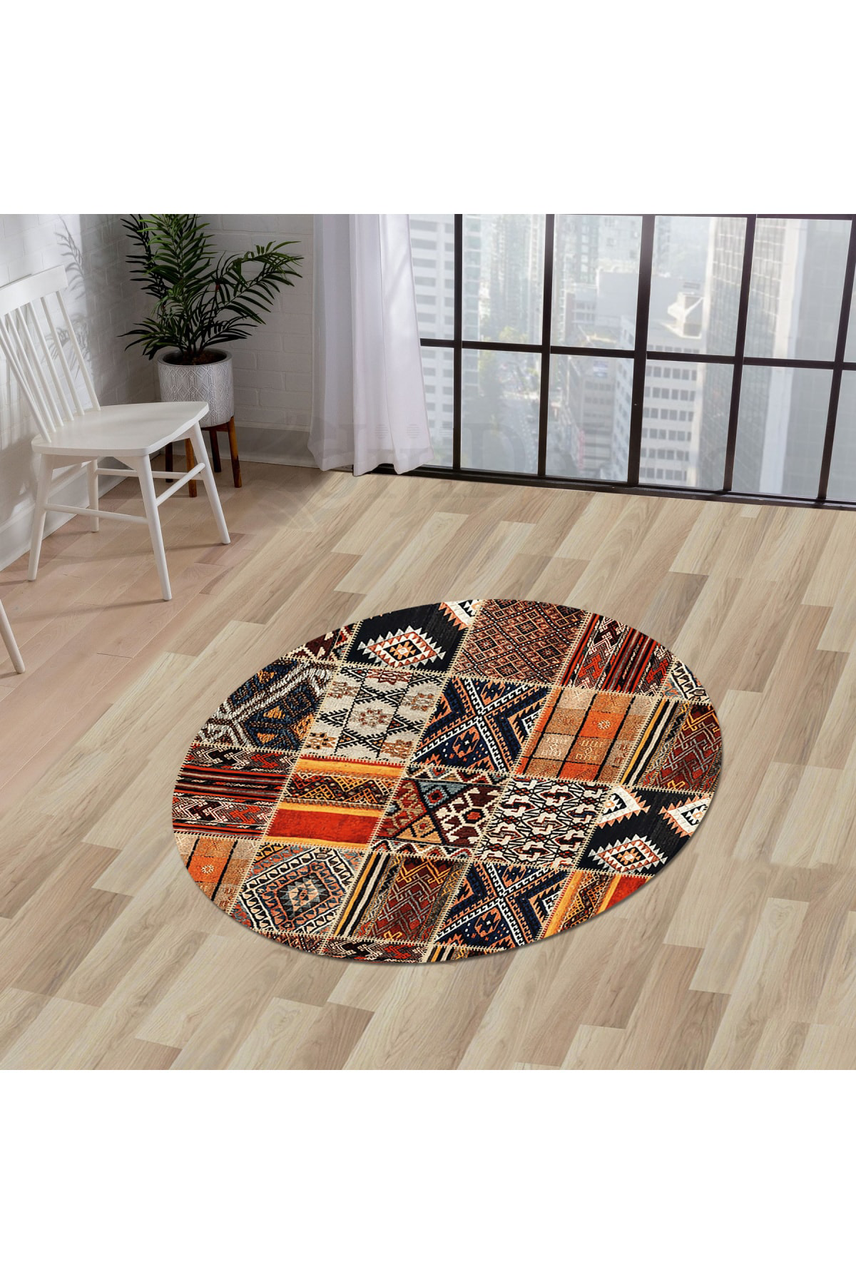 K1300 Patchwork Saçaksız Dijital Yuvarlak Halı Yıkanabilir Banyo Paspası 80x80