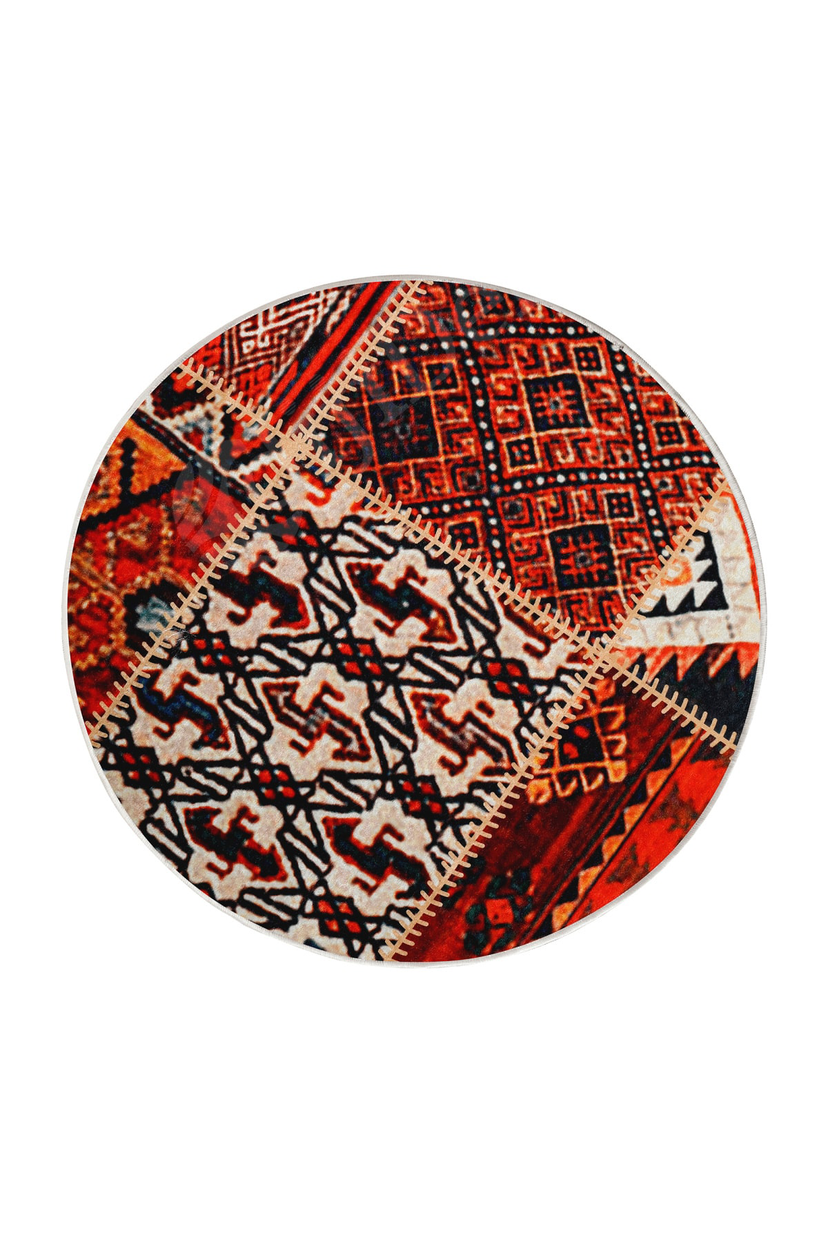K1300 Patchwork Saçaksız Dijital Yuvarlak Halı Yıkanabilir Banyo Paspası 80x80