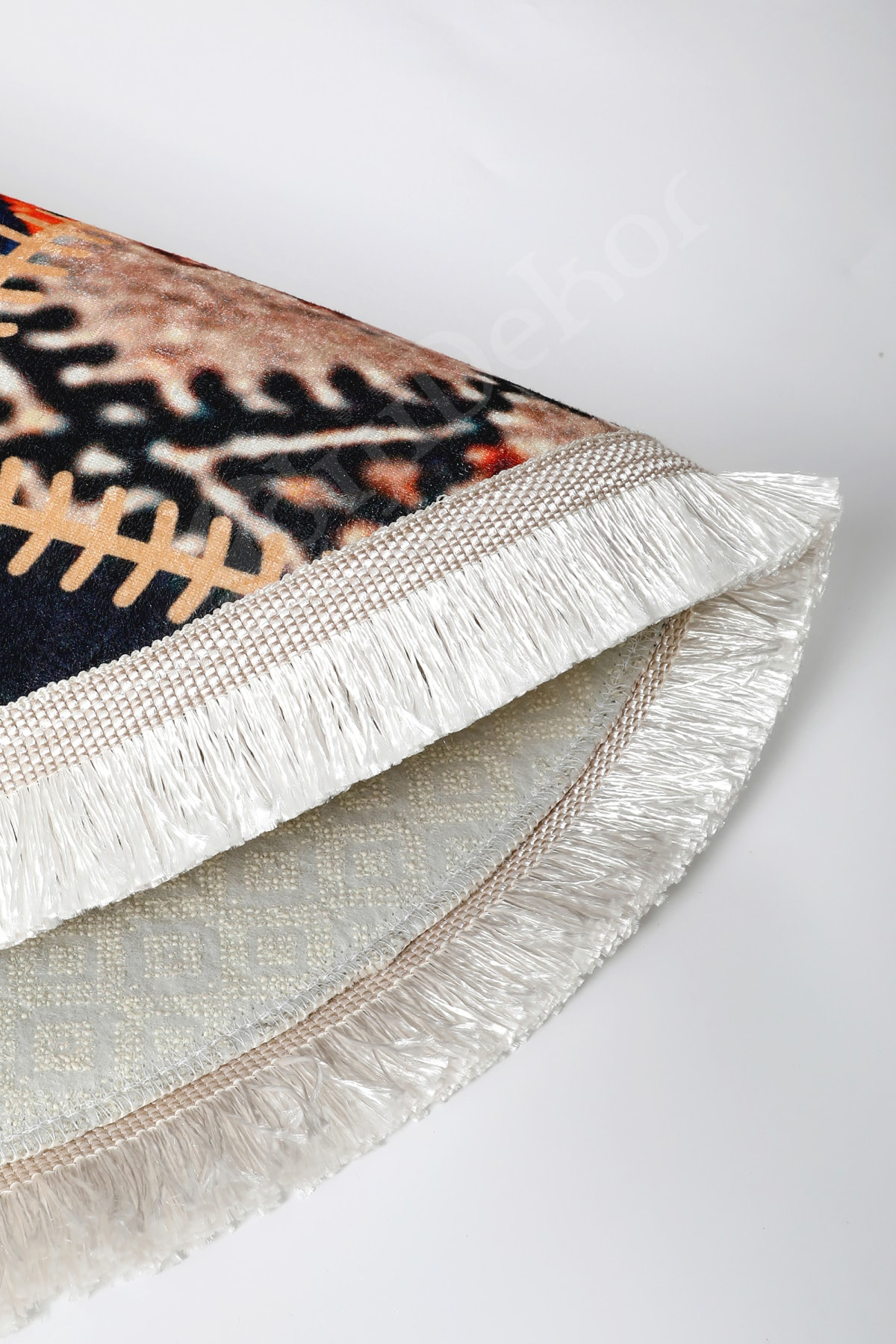 K1300 Patchwork Saçaklı Dijital Yuvarlak Halı Yıkanabilir Banyo Paspası 80x80