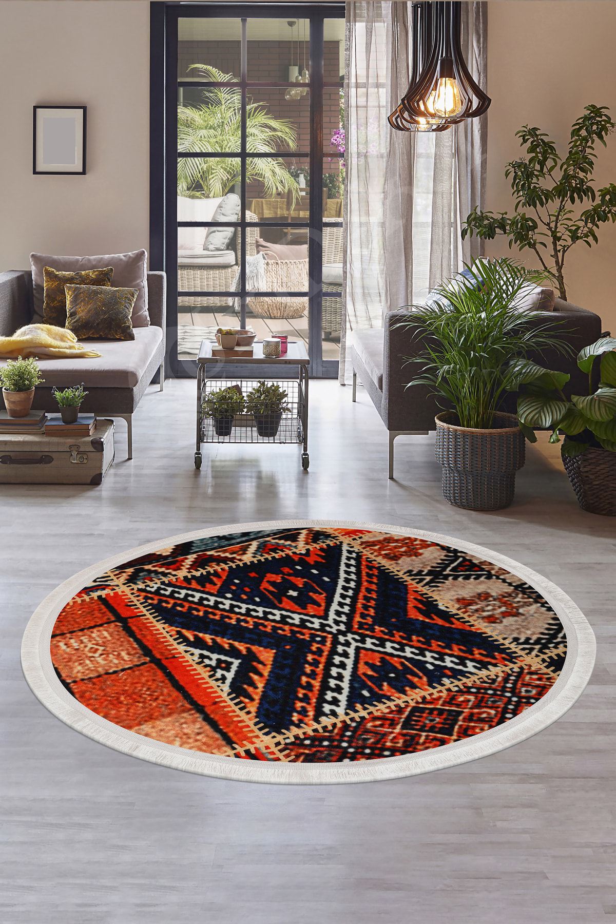 K1300 Patchwork Saçaklı Dijital Yuvarlak Halı Yıkanabilir Banyo Paspası 80x80