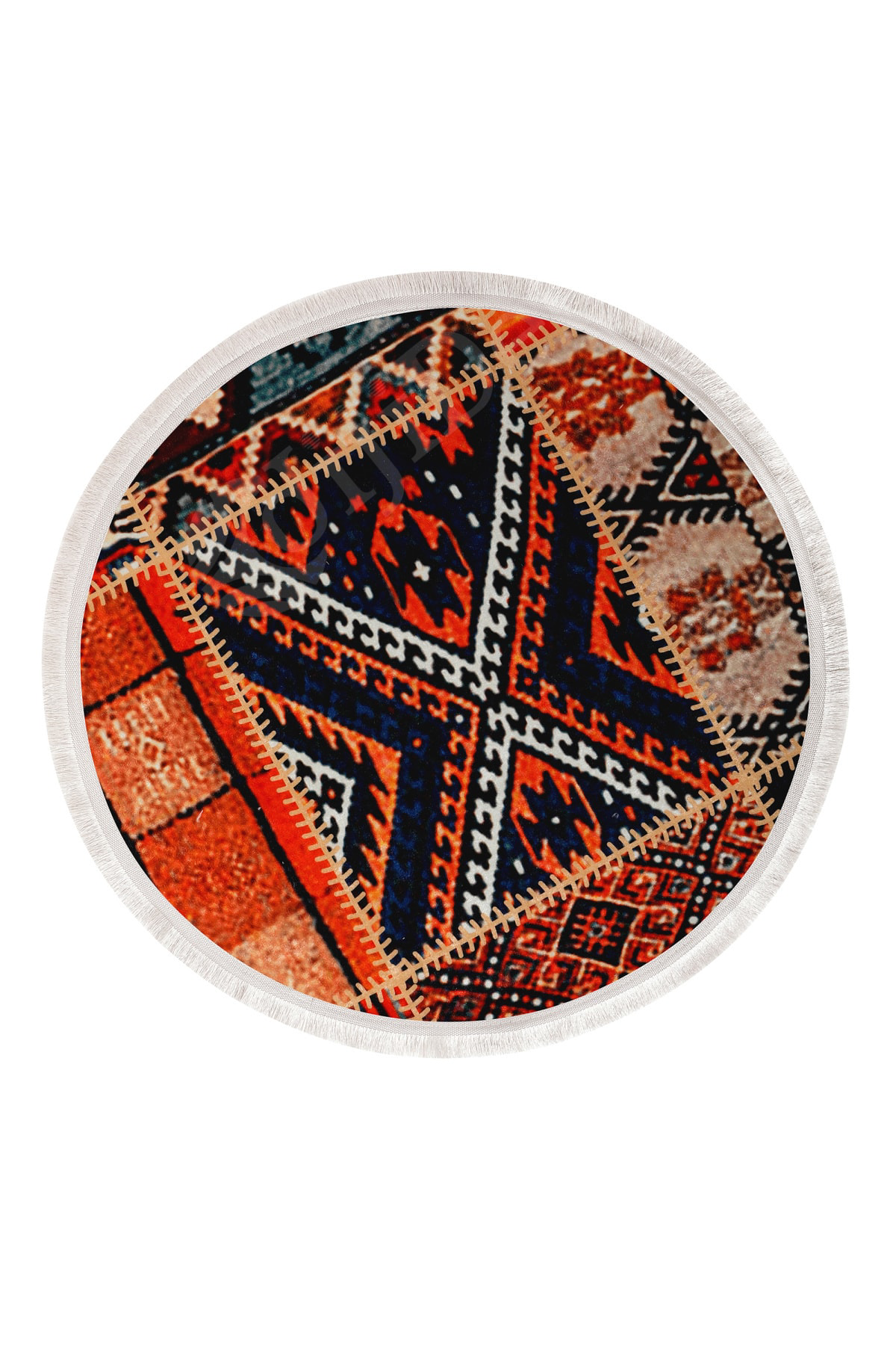 K1300 Patchwork Saçaklı Dijital Yuvarlak Halı Yıkanabilir Banyo Paspası 80x80