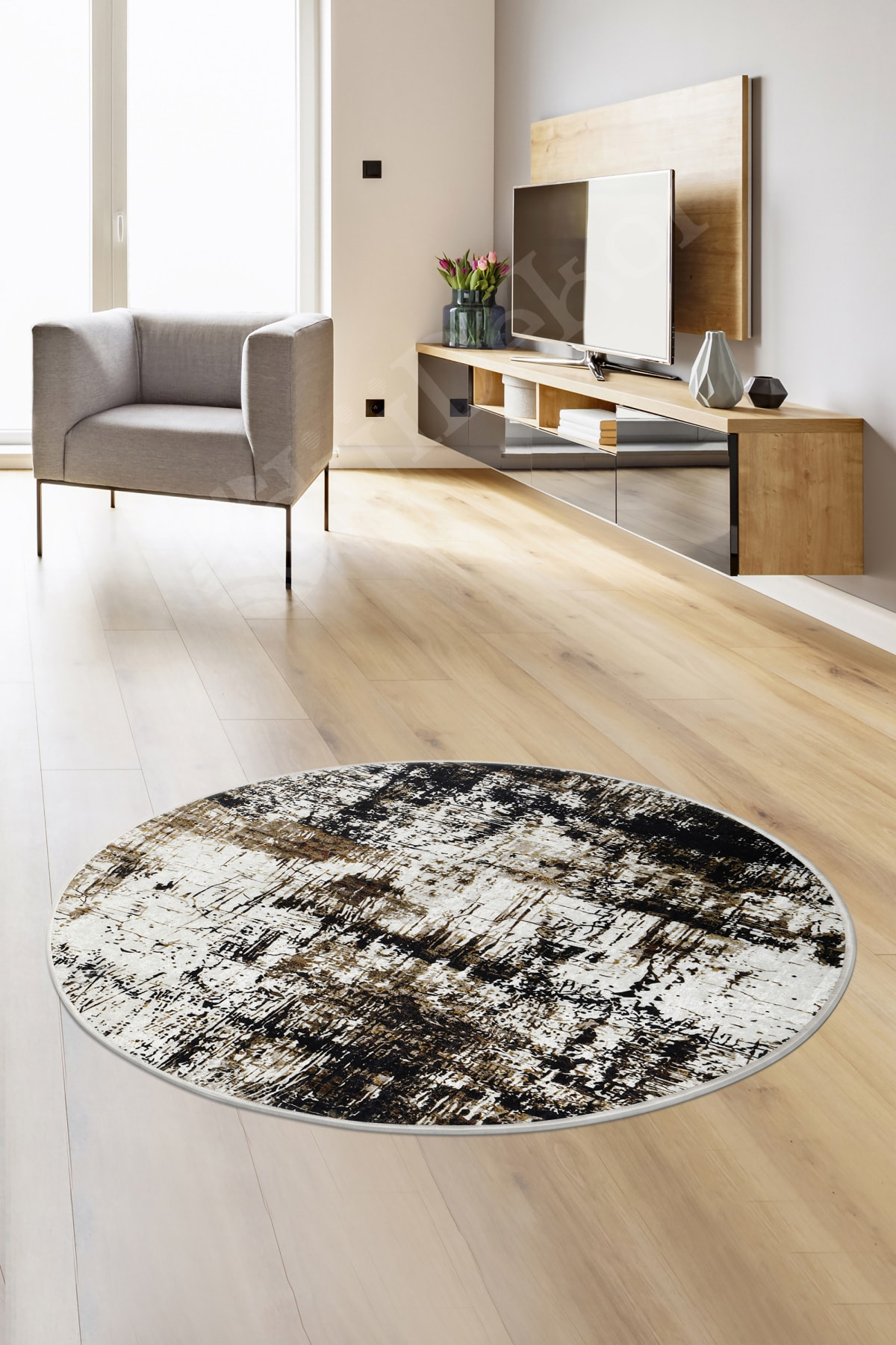 K1310 Black Saçaksız Dijital Yuvarlak Halı Yıkanabilir Banyo Pasp