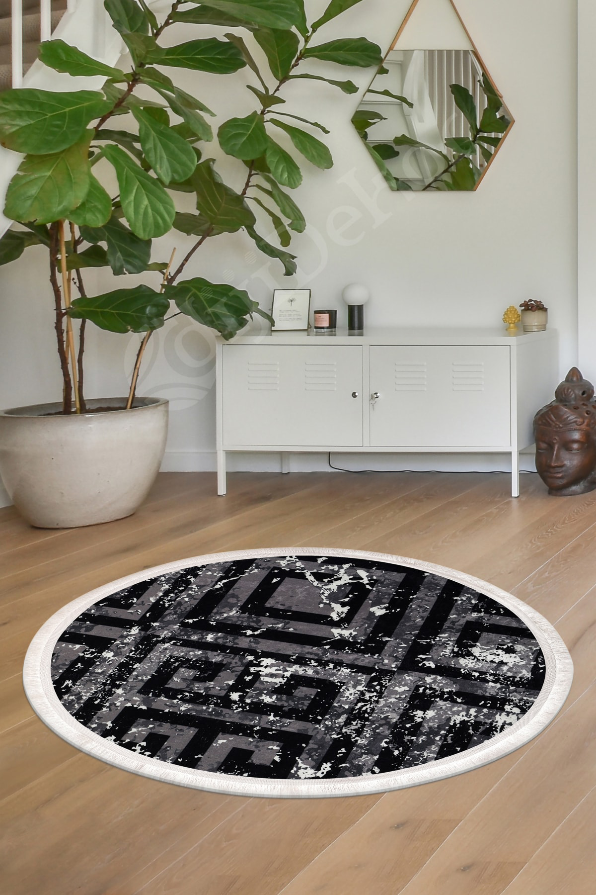 K1320 Siyah Saçaklı Dijital Yuvarlak Halı Yıkanabilir Banyo Paspası 80x80