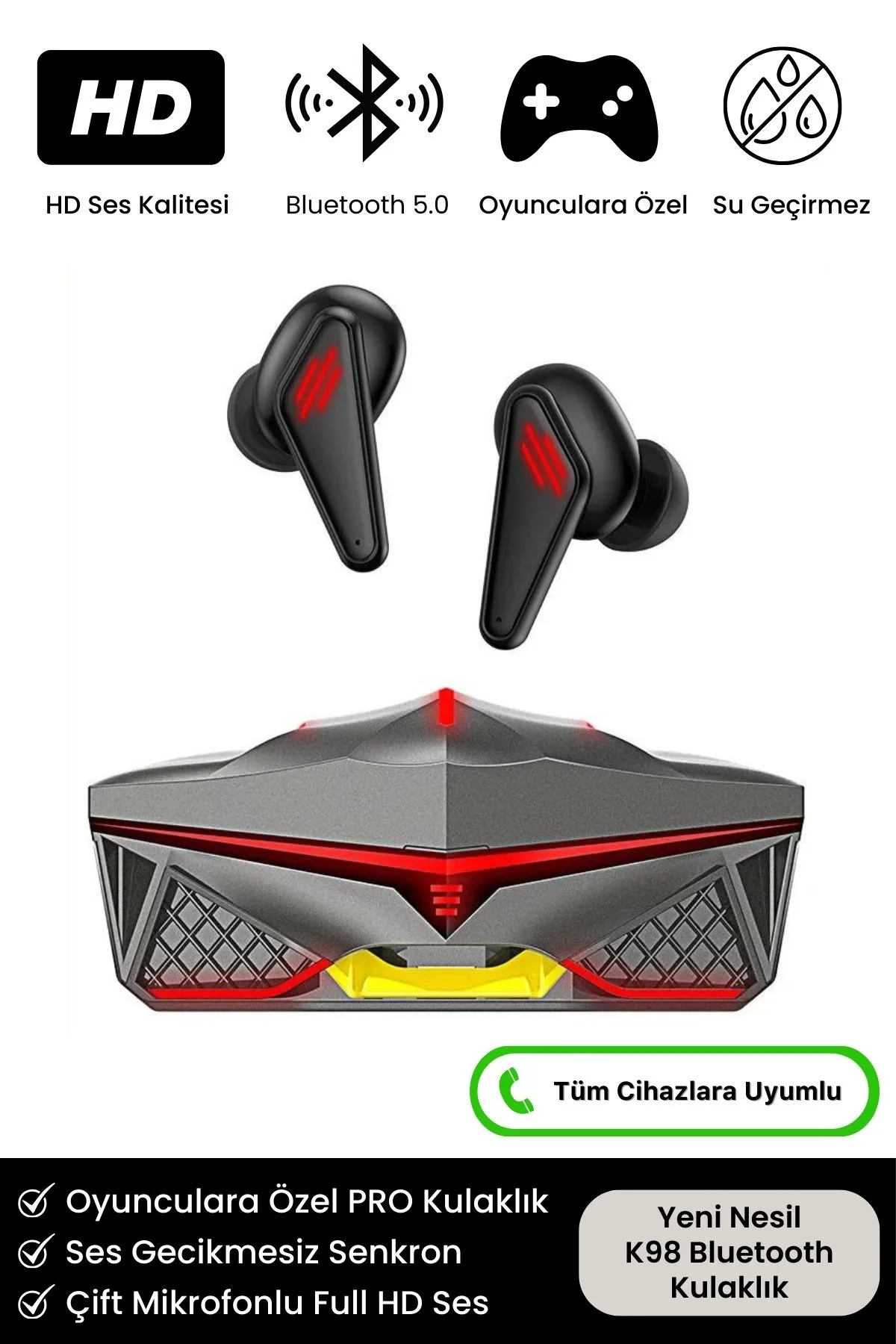 K98 Pro Oyuncu HD Ses Mikrofonlu Işıklı Metal Kasa iOS Android Uy