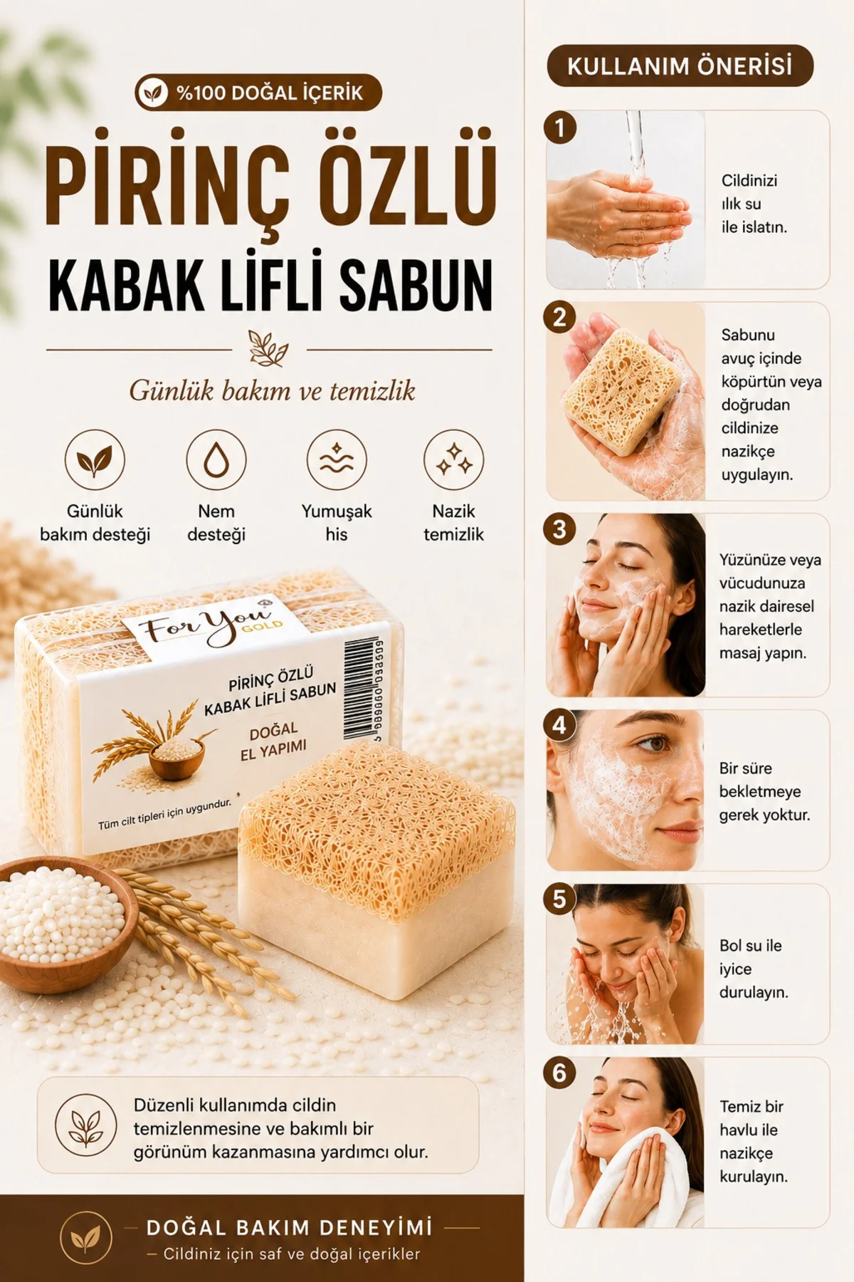 Kabak Lifli %100 Doğal El Yapımı Pirinç Özlü Whitening Sabun