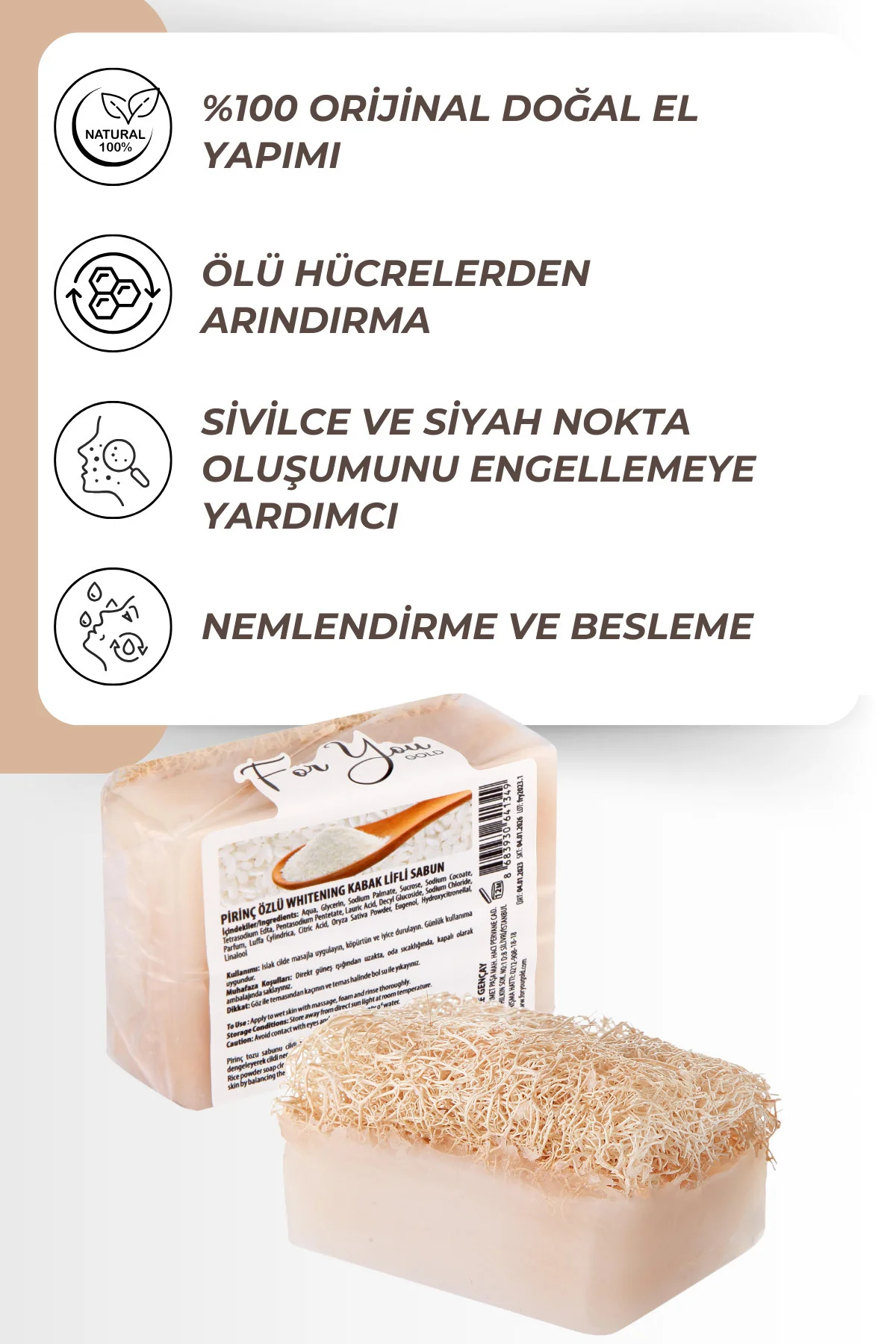 Kabak Lifli %100 Doğal El Yapımı Pirinç Özlü Whitening Sabun