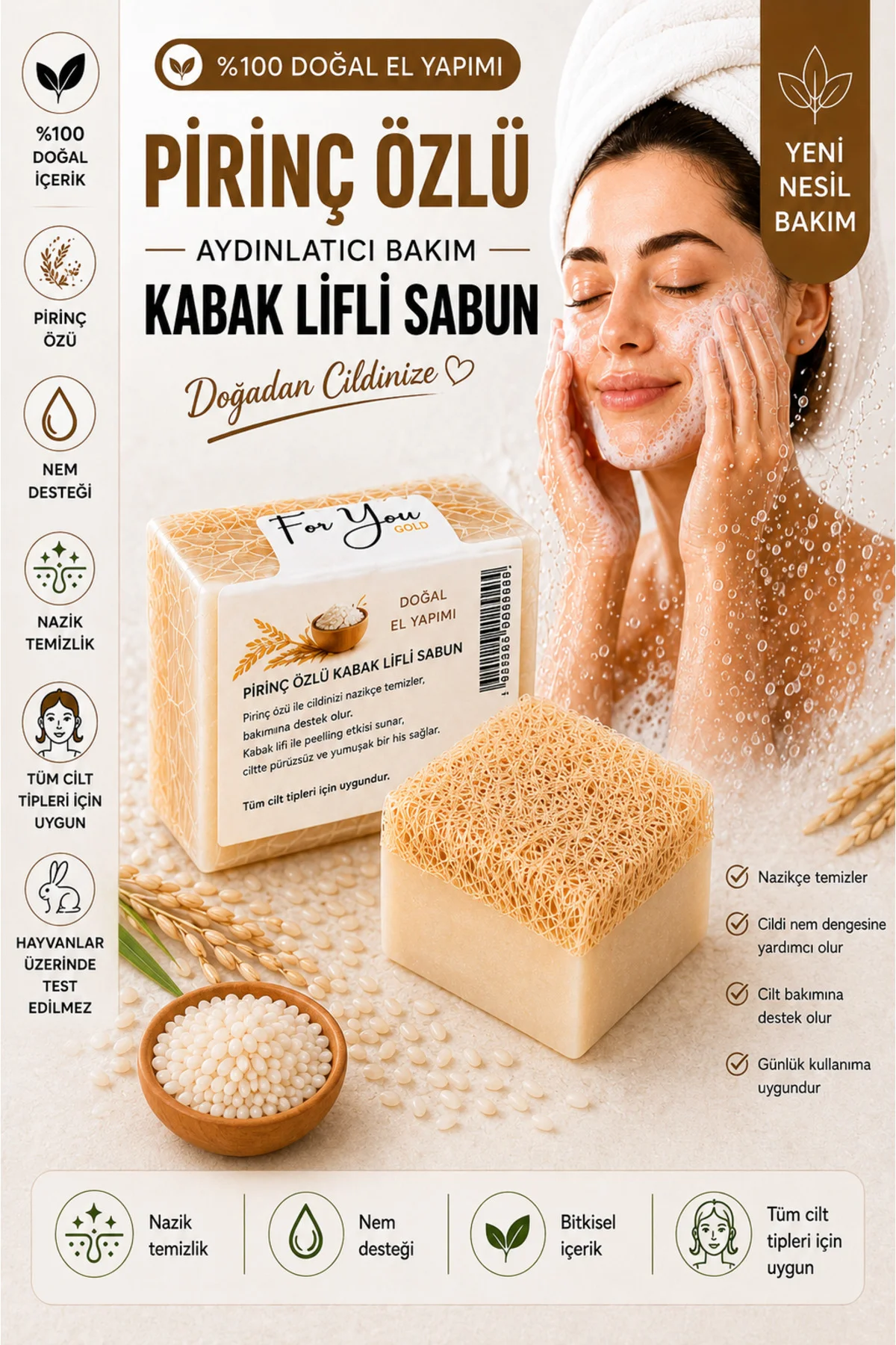 Kabak Lifli %100 Doğal El Yapımı Pirinç Özlü Whitening Sabun